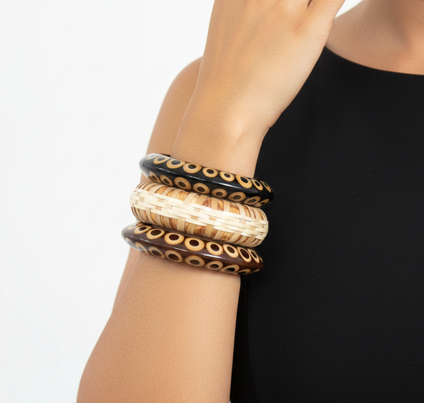 GRAZIANO DEAD STOCK BOHO WEAVE & INLAY BANGLE BRACELET STACK