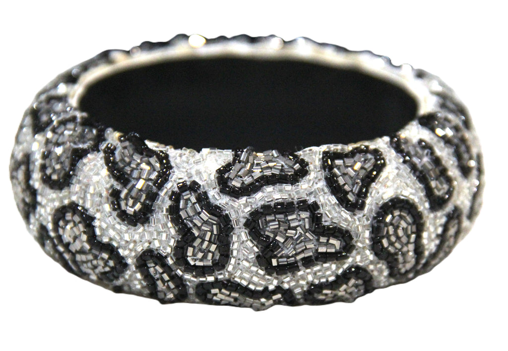 GRAZIANO DEAD STOCK HAND BEADED LEOPARD PRINT BANGLE BRACELET - SILVER