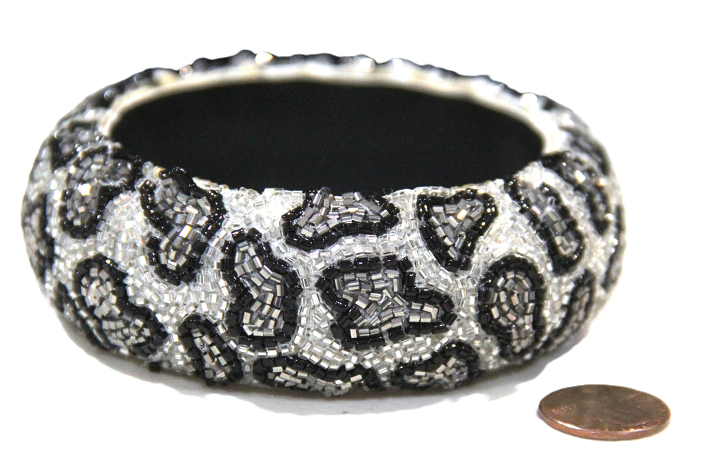 GRAZIANO DEAD STOCK HAND BEADED LEOPARD PRINT BANGLE BRACELET - SILVER