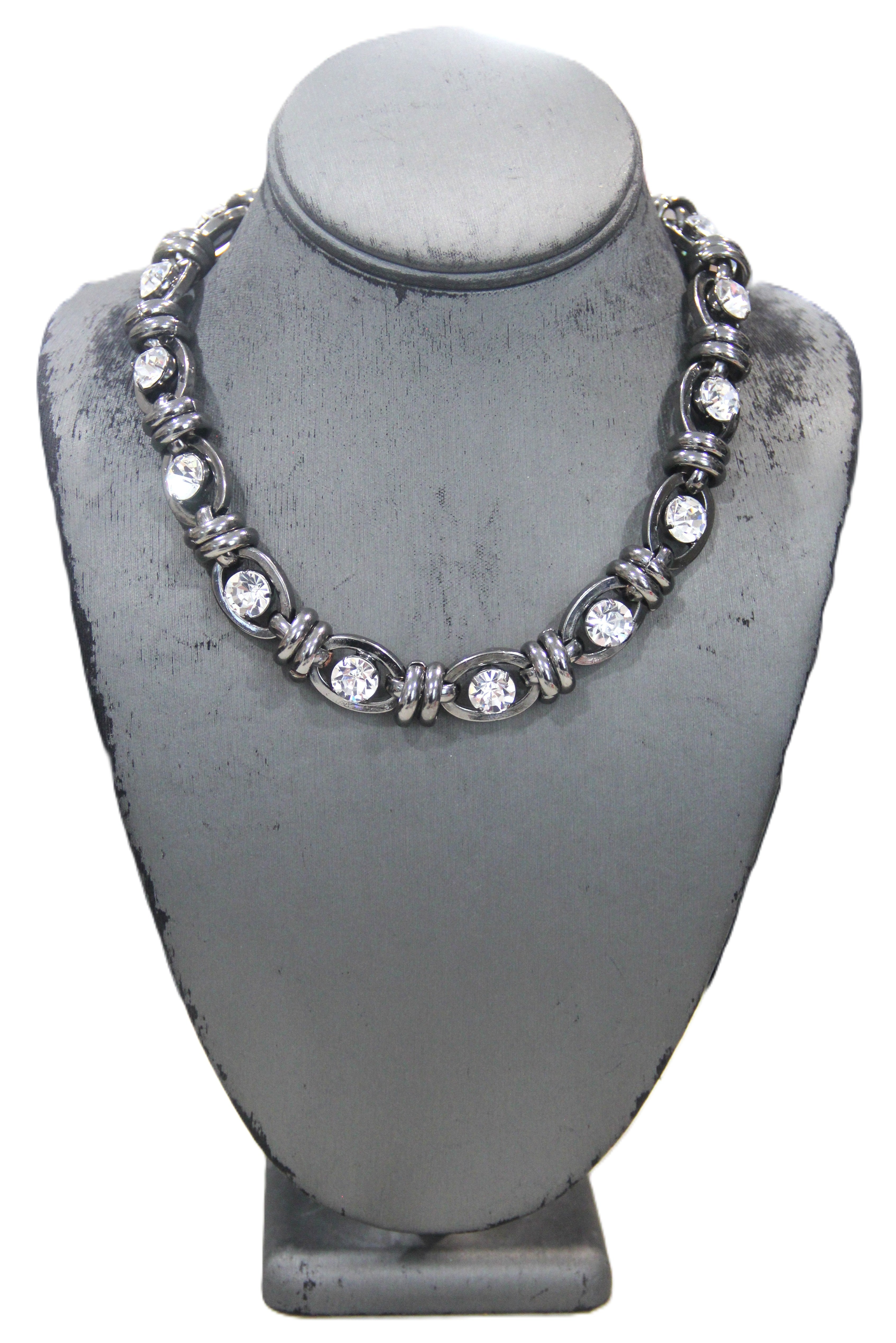 GRAZIANO DEAD STOCK GUN METAL & HAND SET RHINESTONE CHAIN NECKLACE