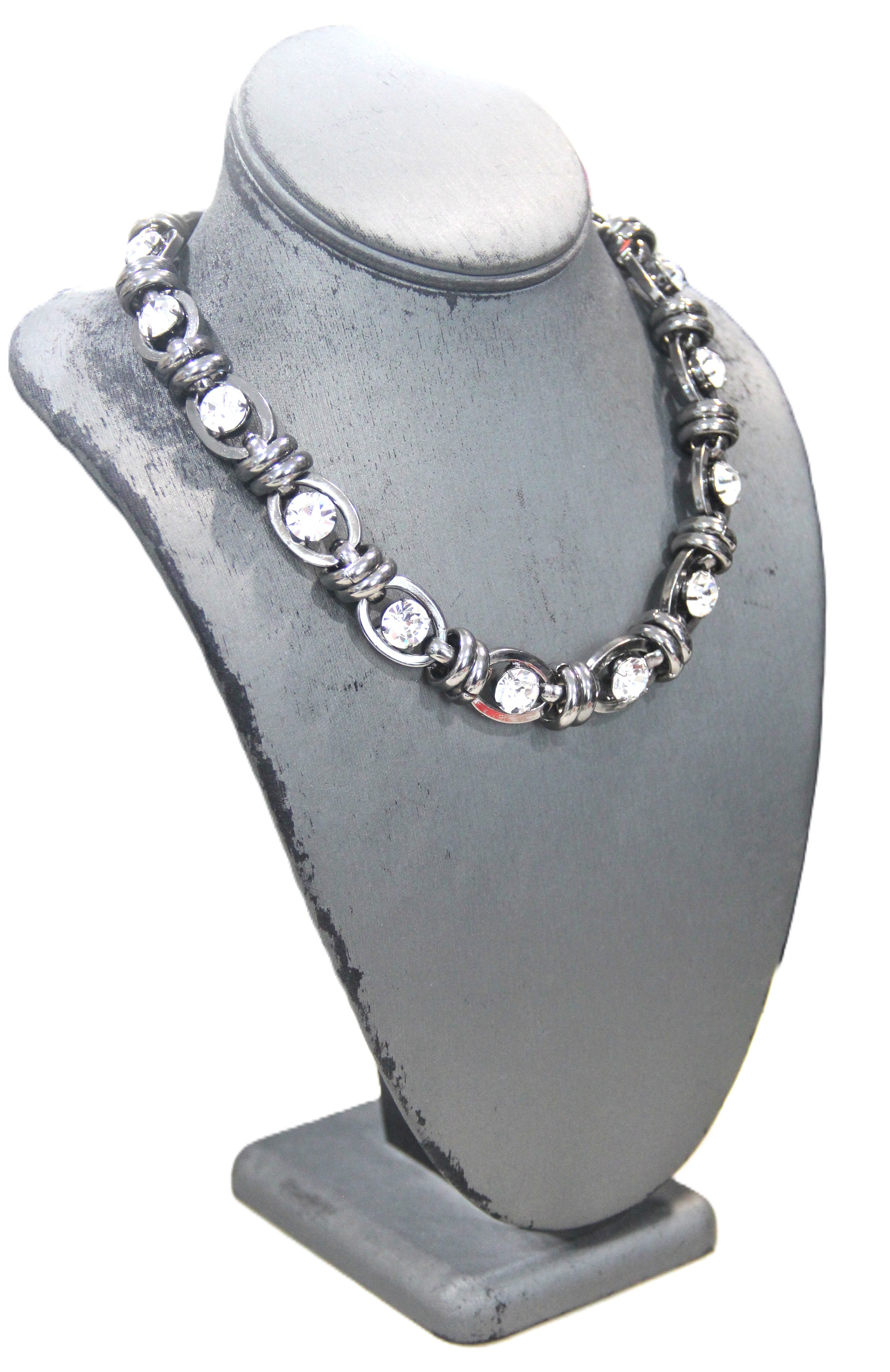 GRAZIANO DEAD STOCK GUN METAL & HAND SET RHINESTONE CHAIN NECKLACE