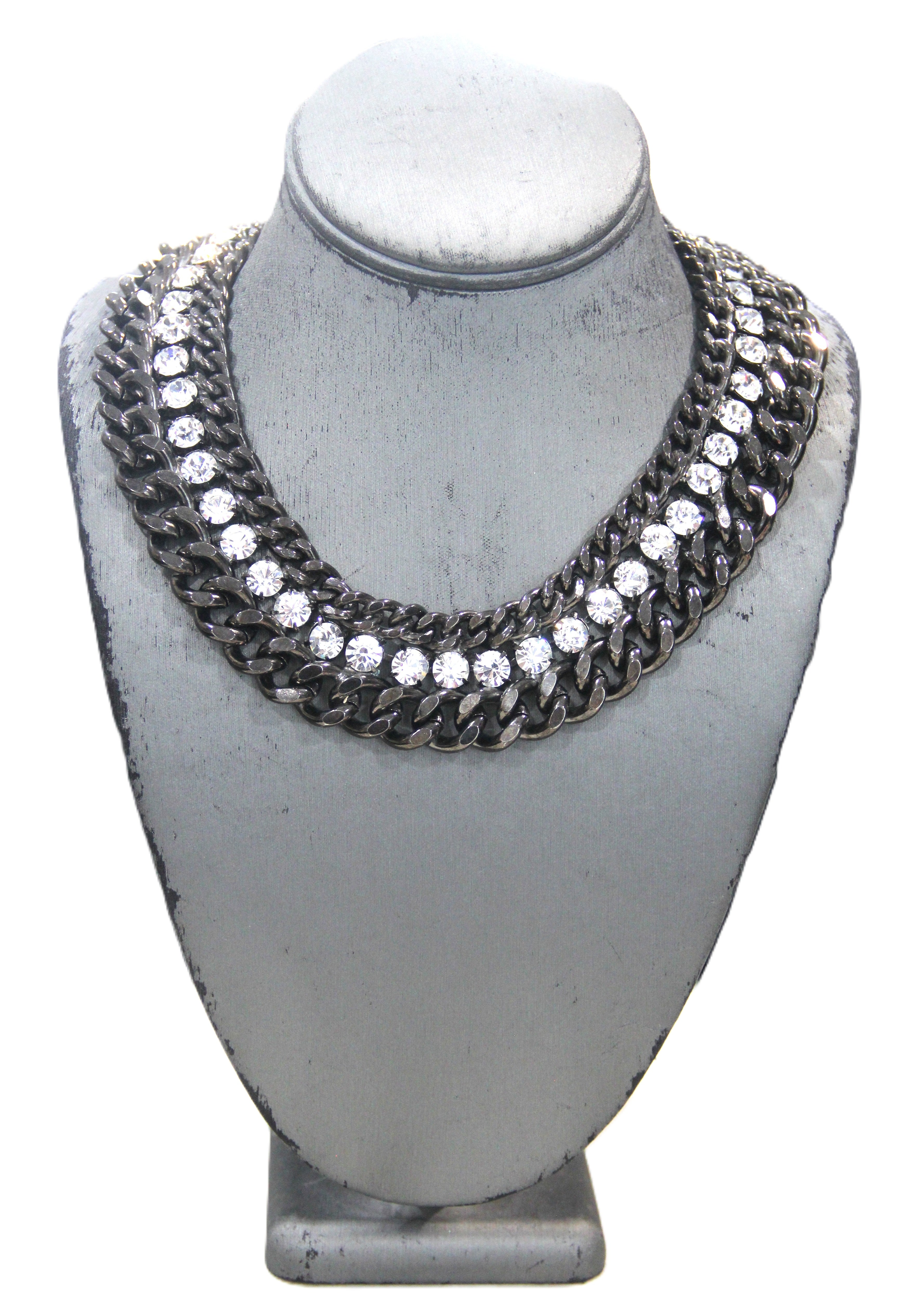 GRAZIANO DEAD STOCK HEAVY CURBED CHAIN & RHINESTONE STATEMENT NECKLACE - BLACK 