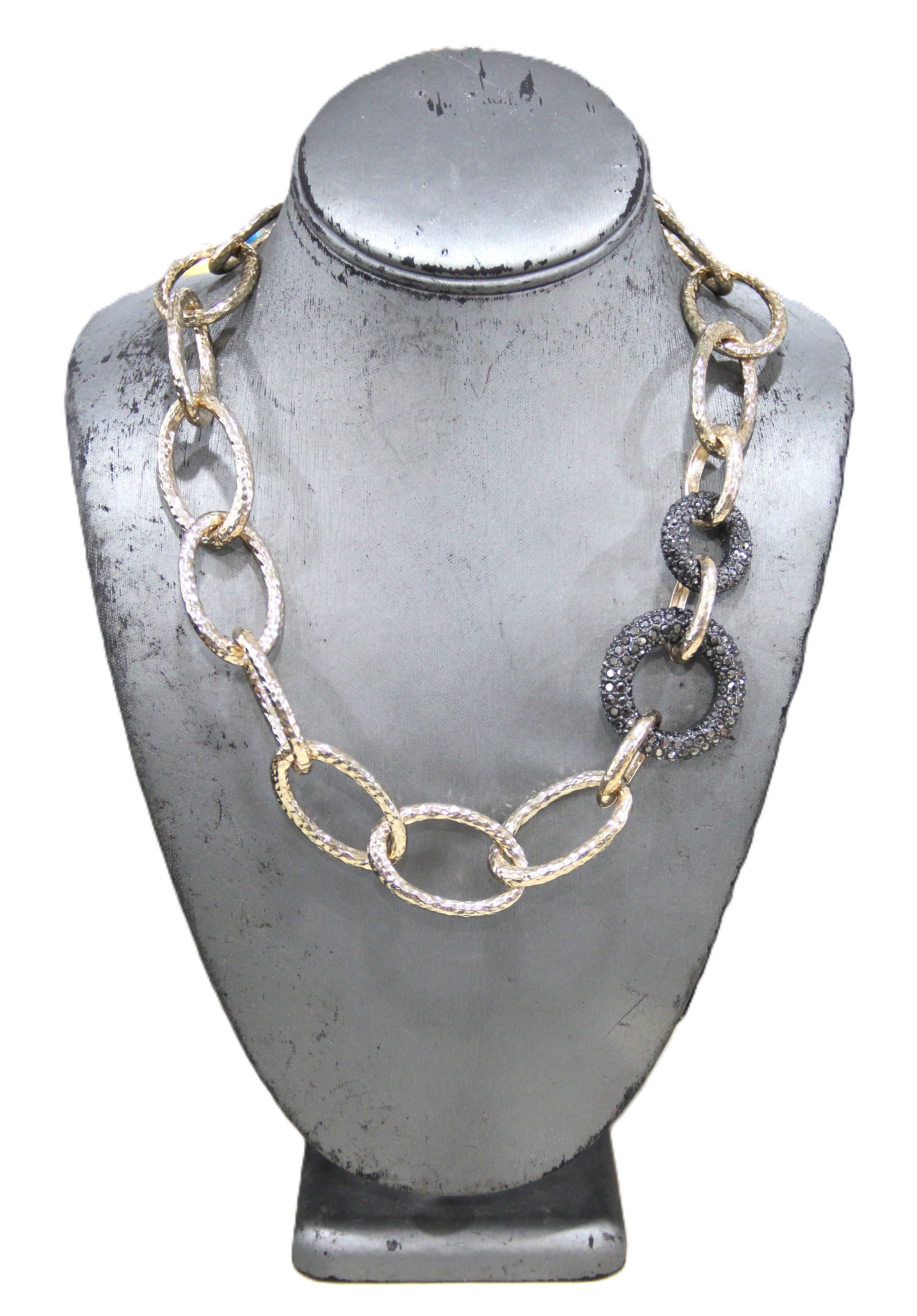 GRAZIANO BLACK CRYSTAL PAVE HAMMERED GOLD LINK CHAIN