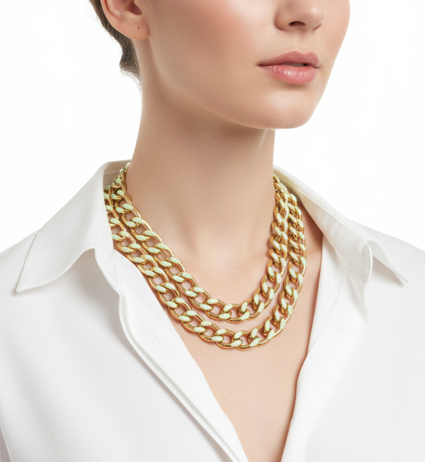 Graziano multi curbed chain necklace with green enamel