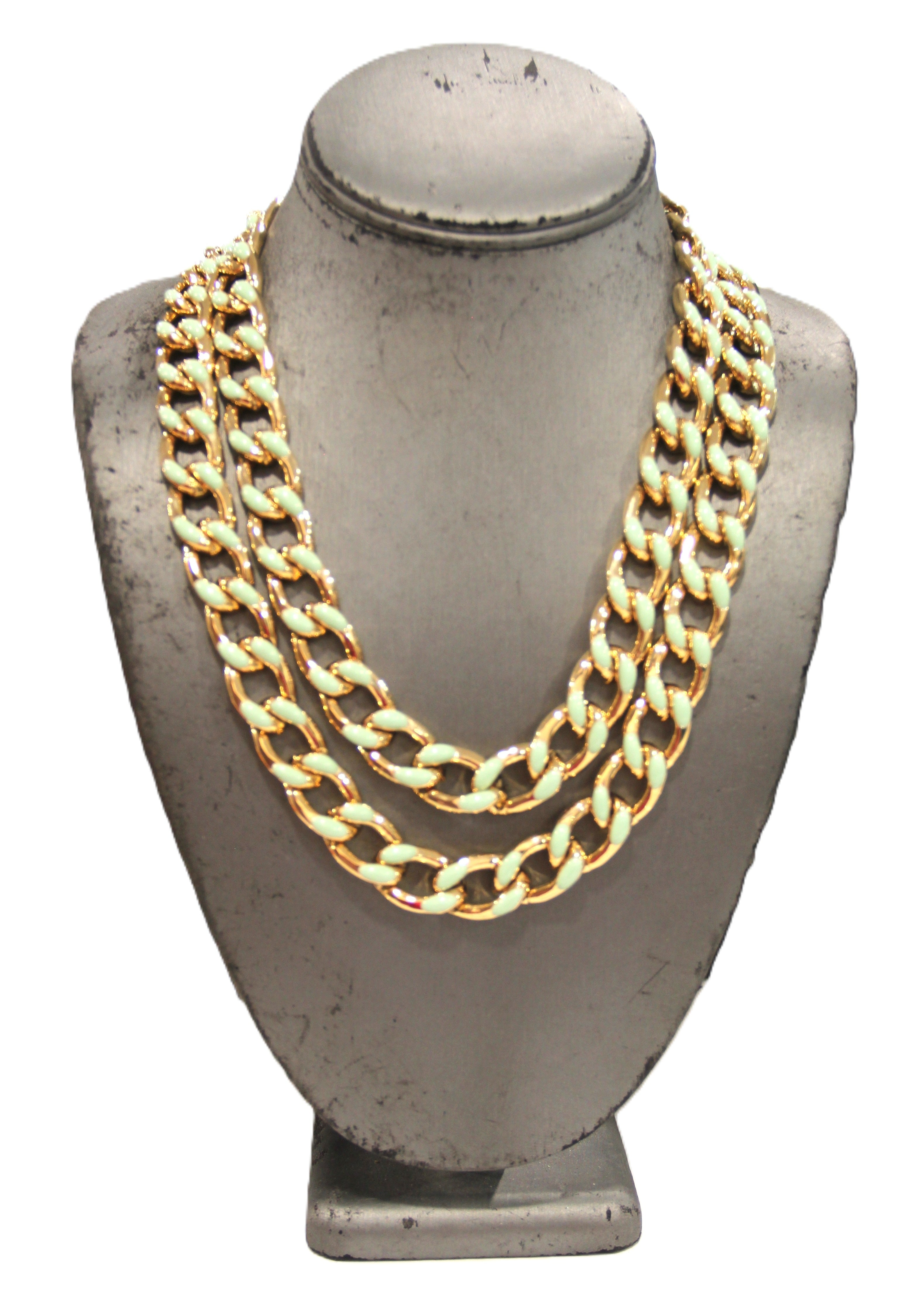 Graziano multi curbed chain necklace with green enamel