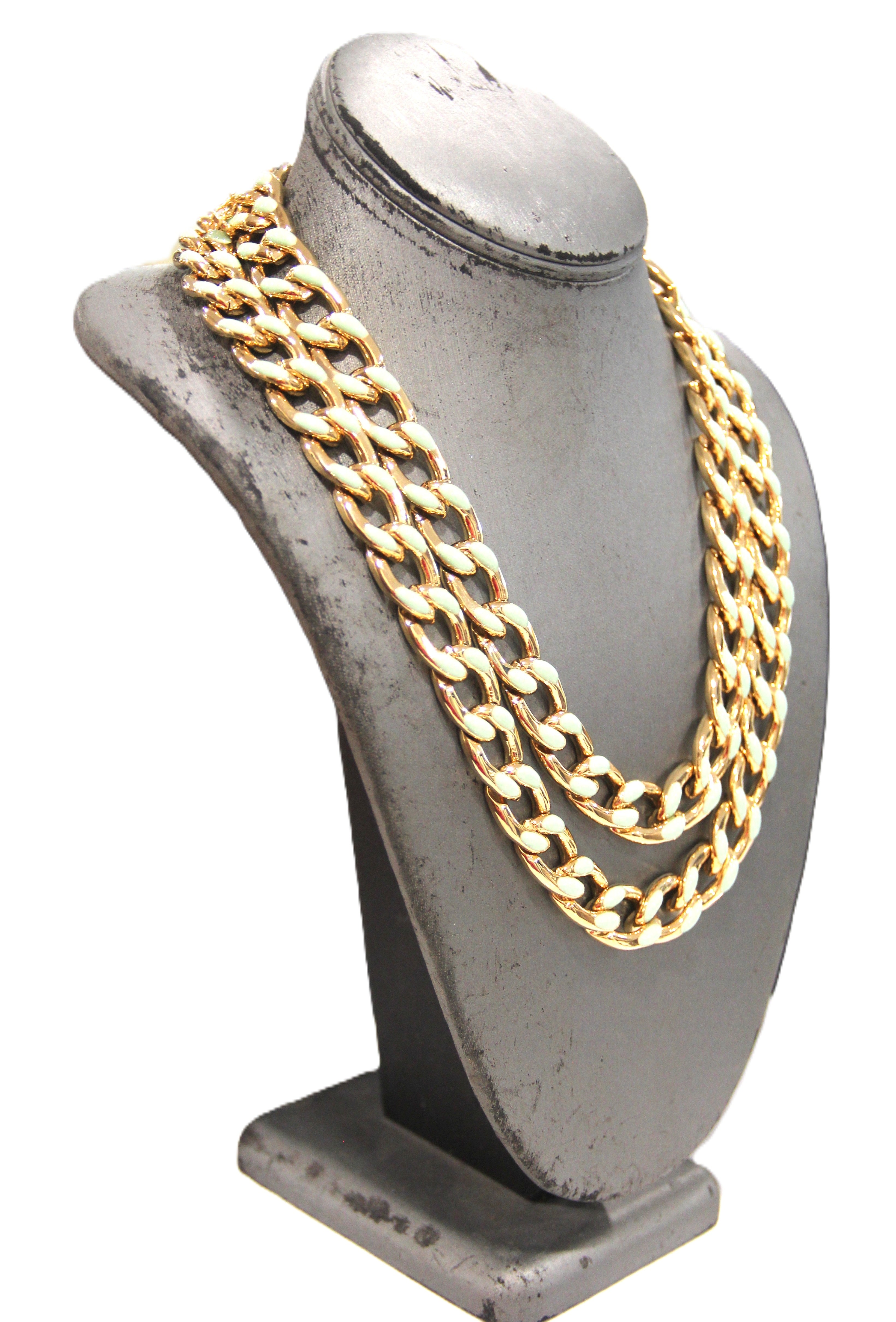 Graziano multi curbed chain necklace with green enamel