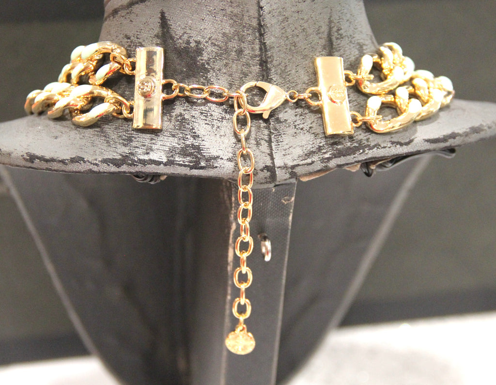 Graziano multi curbed chain necklace with green enamel