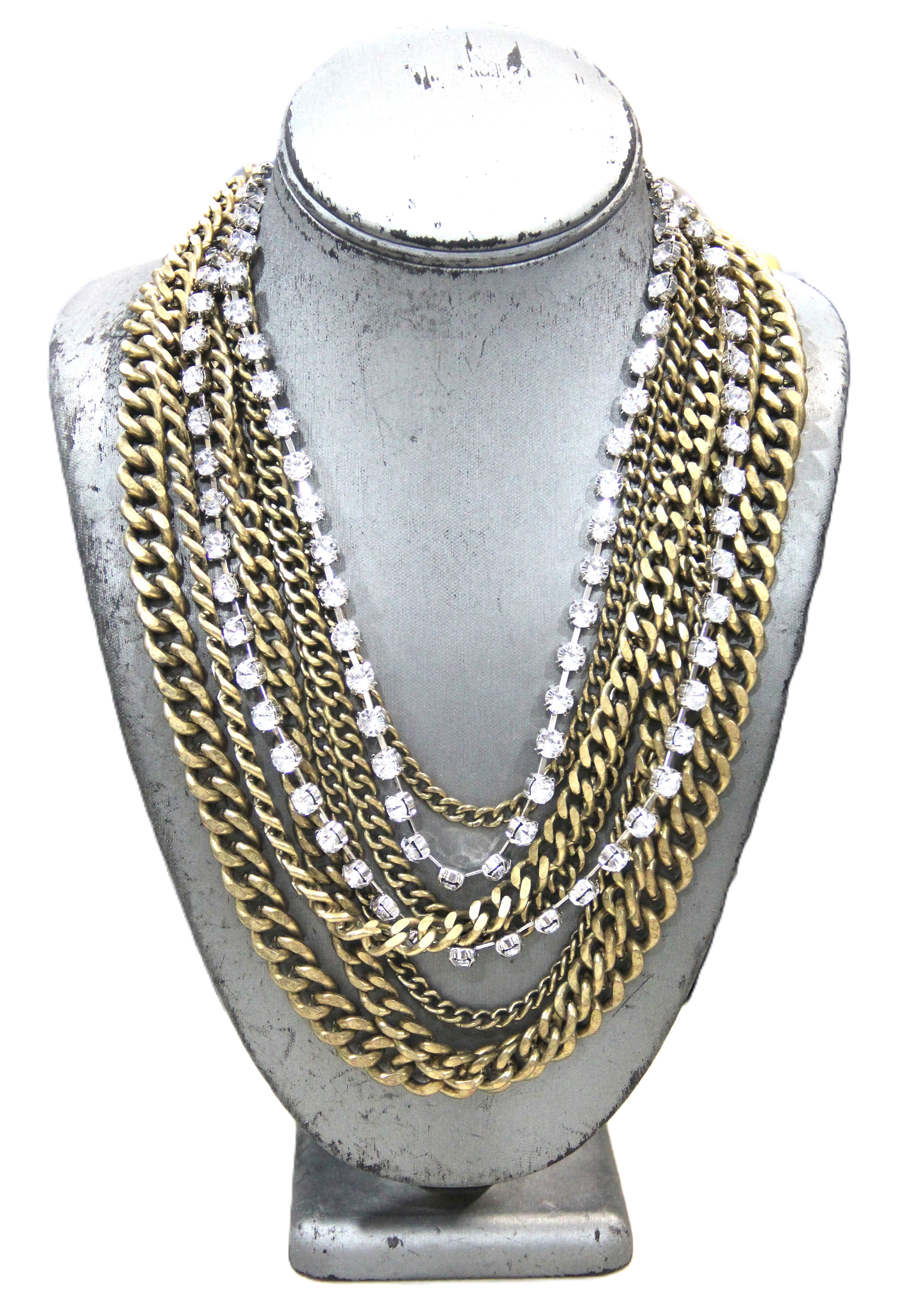 SUPER HEAVY MULTI STRAND CHAIN & RHINESTONE CHAIN NECKLACE