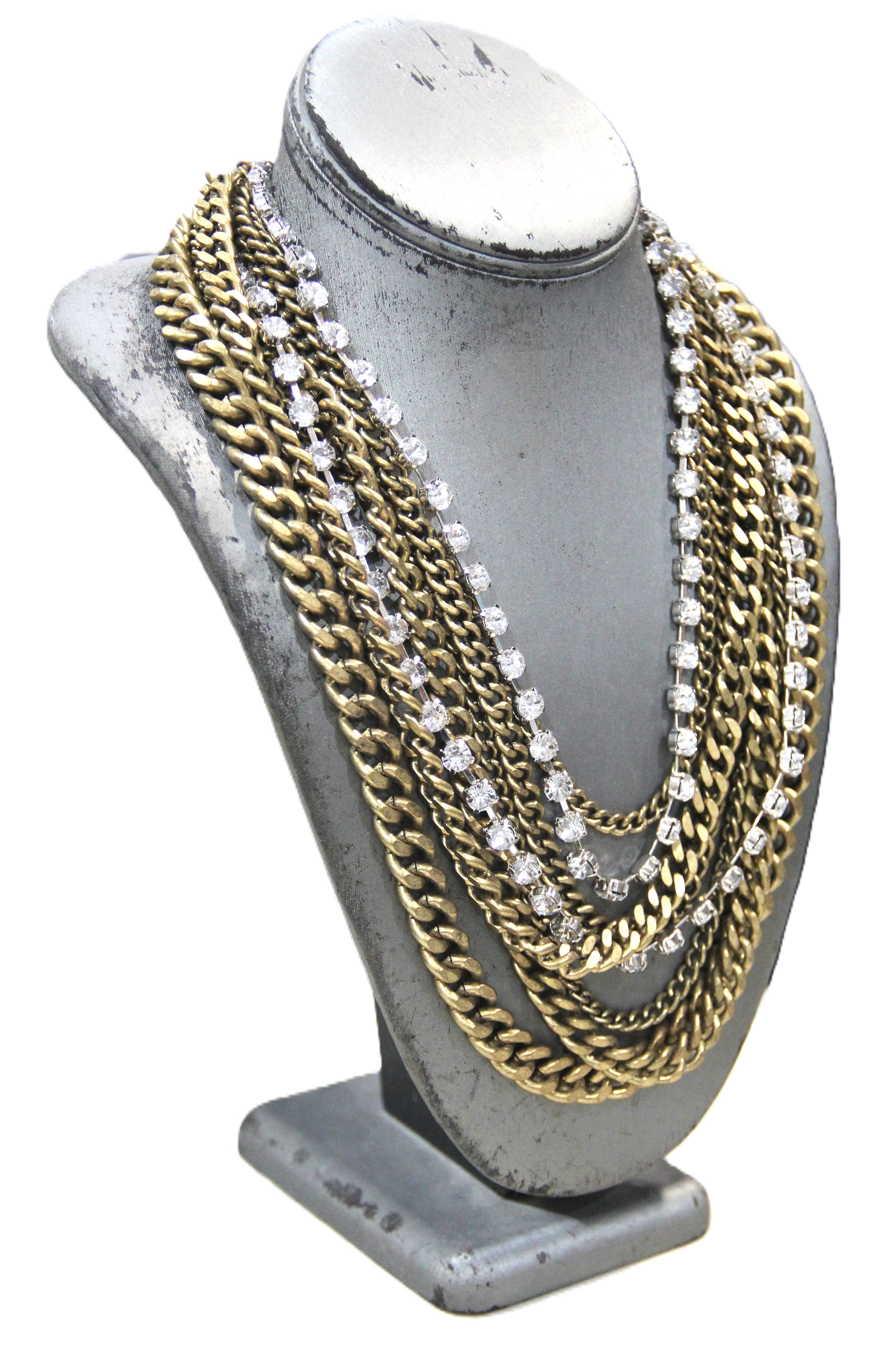 SUPER HEAVY MULTI STRAND CHAIN & RHINESTONE CHAIN NECKLACE