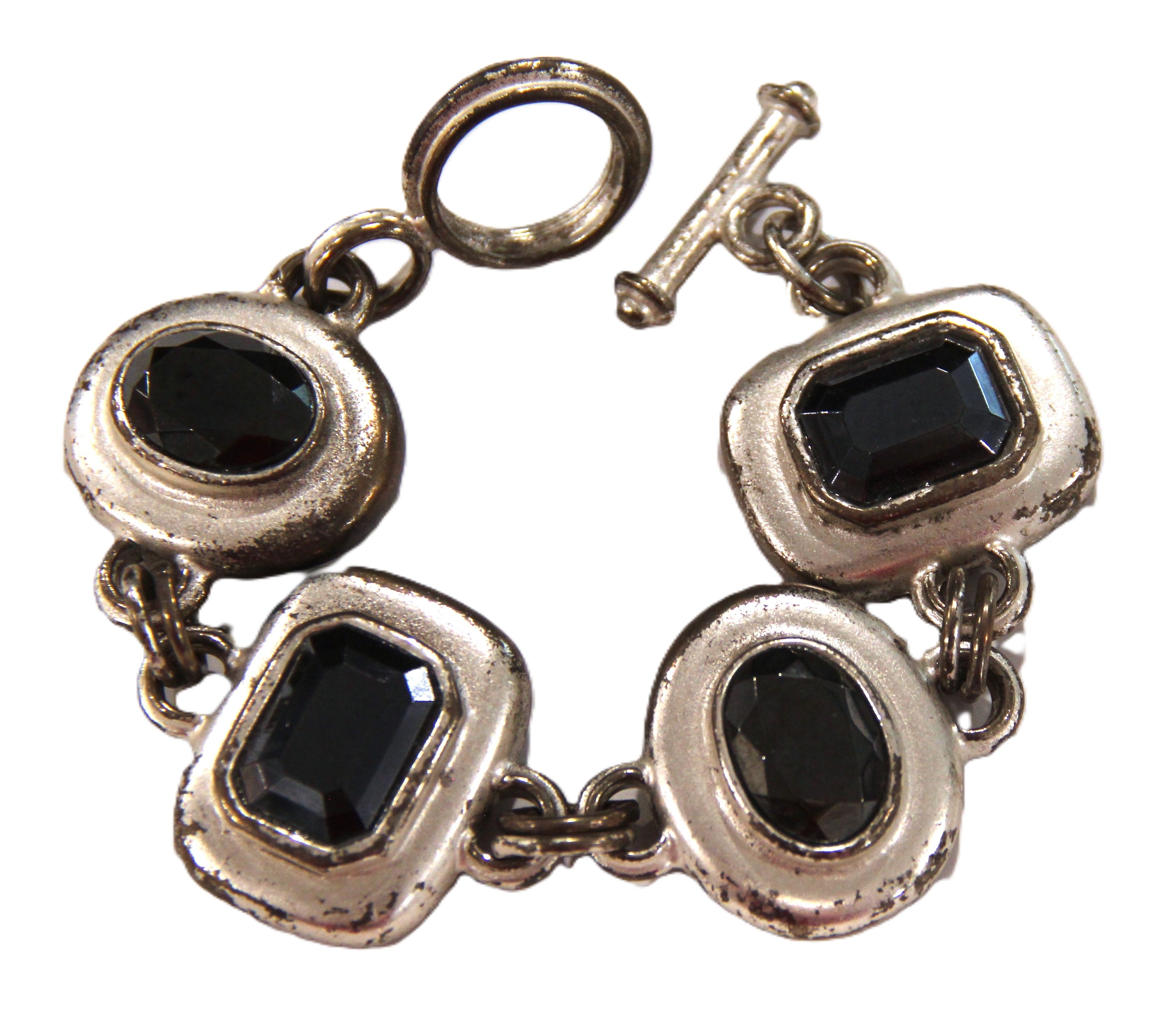 GRAZIANO DISTRESSED MATTE SILVER & GLASS STONE TOGGLE BRACELET