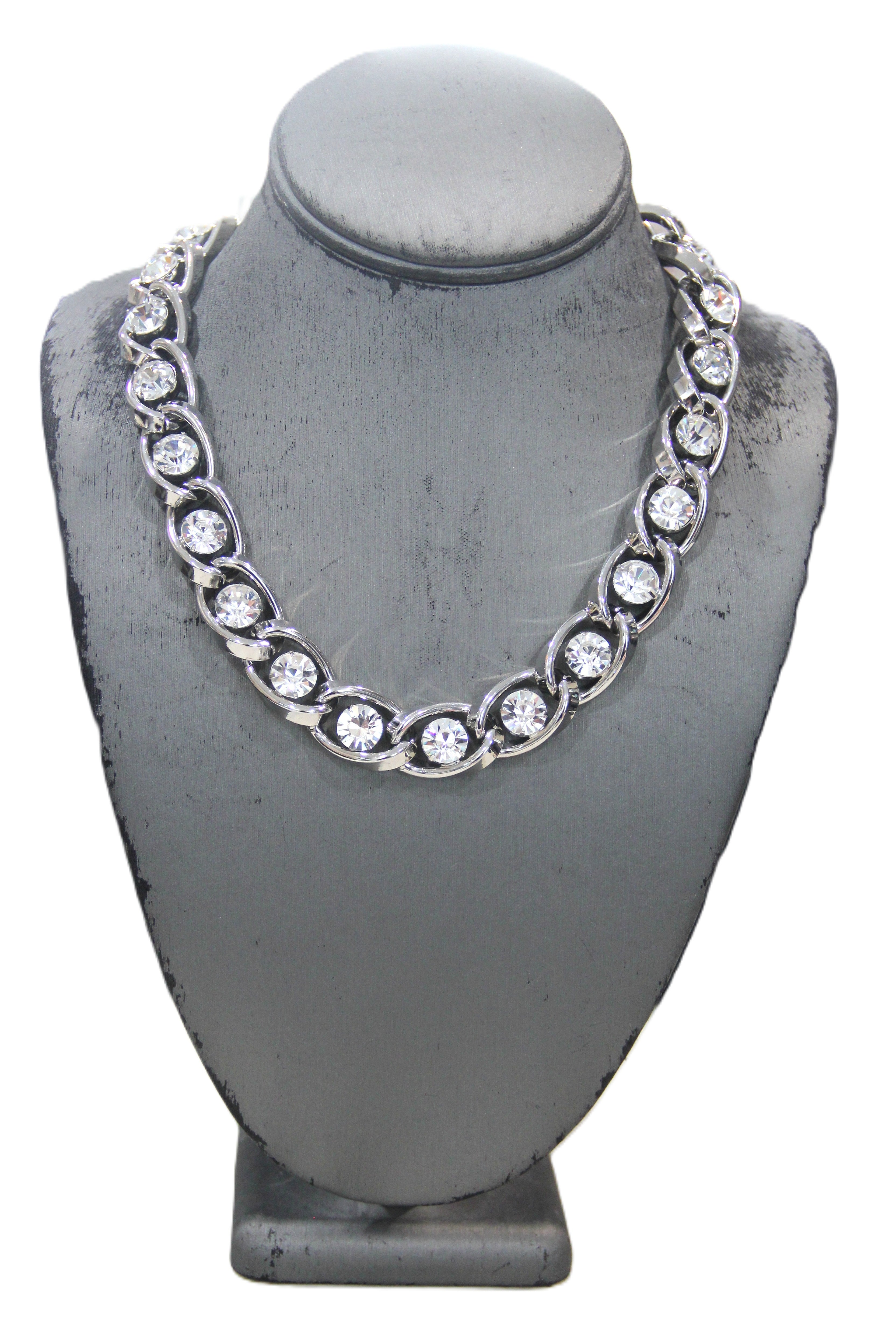 GRAZIANO DEAD STOCK SILVER METAL & HEAD SET RHINESTONE CHAIN NECKLACE