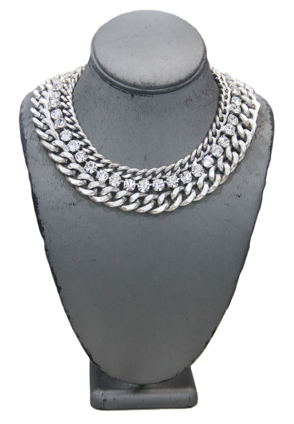 GRAZIANO DEAD STOCK HEAVY CURBED CHAIN & RHINESTONE STATEMENT NECKLACE - SILVER