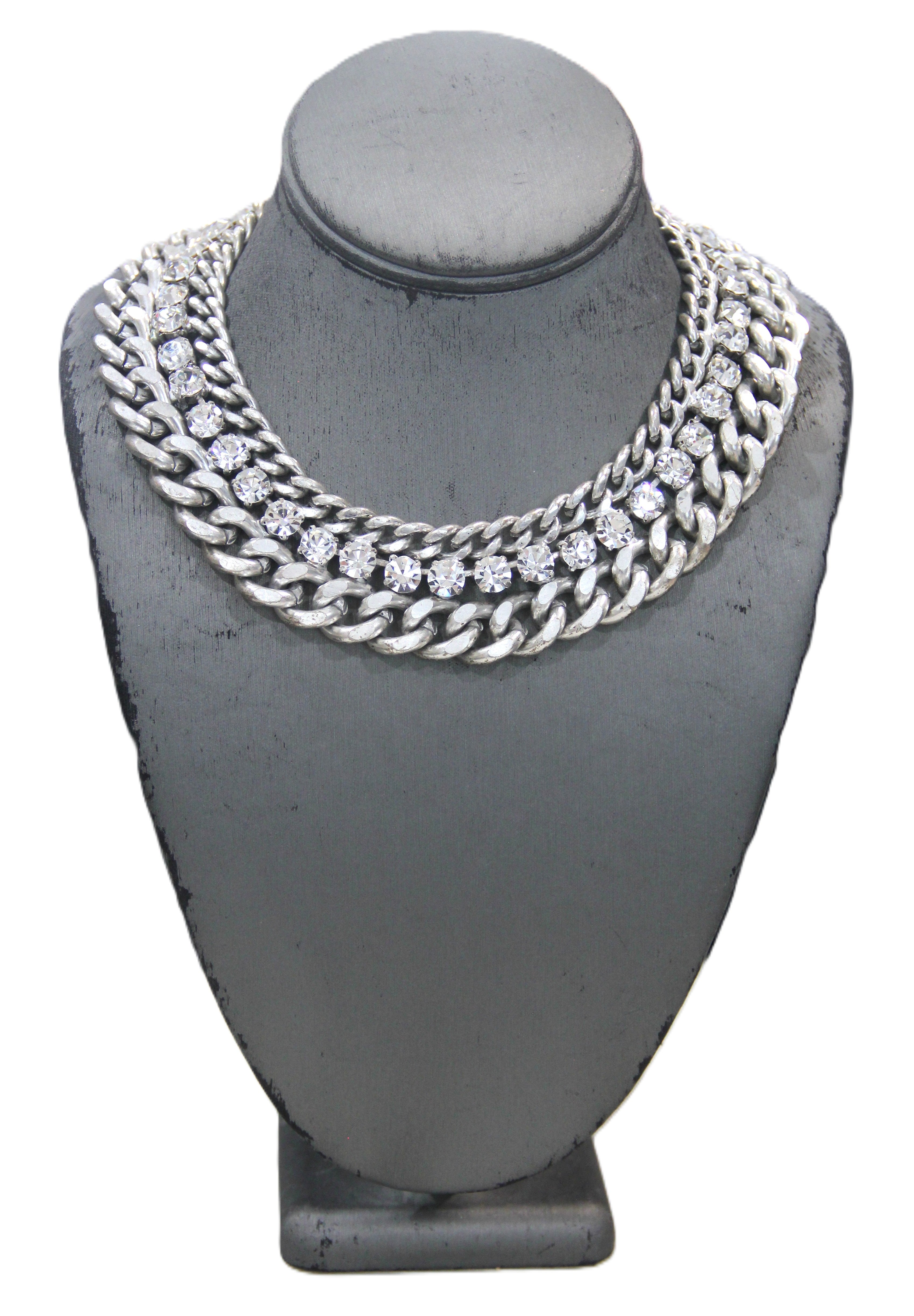 GRAZIANO DEAD STOCK HEAVY CURBED CHAIN & RHINESTONE STATEMENT NECKLACE - SILVER