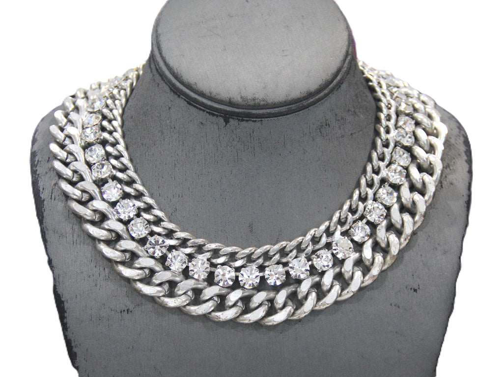 GRAZIANO DEAD STOCK HEAVY CURBED CHAIN & RHINESTONE STATEMENT NECKLACE - SILVER