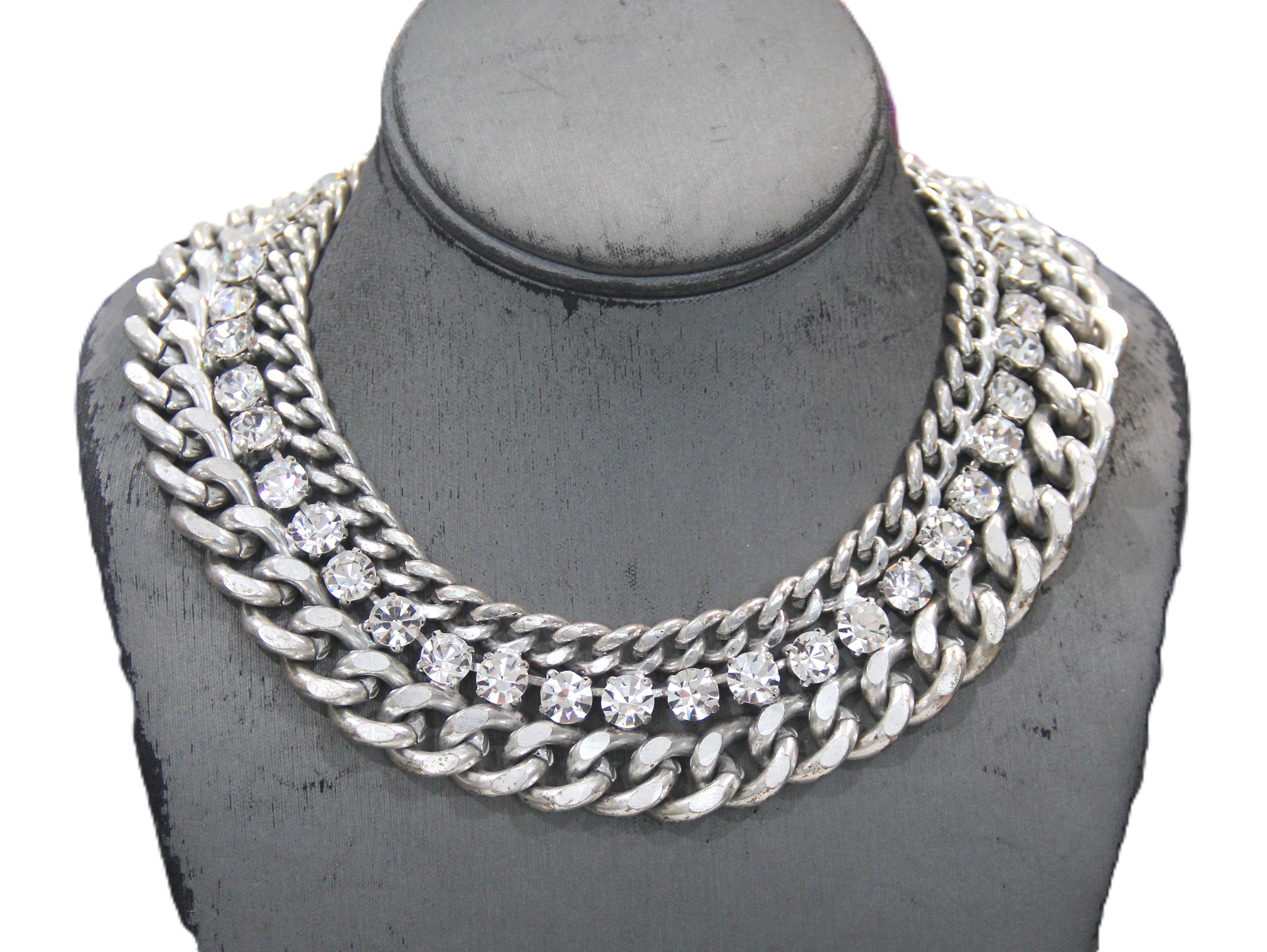 GRAZIANO DEAD STOCK HEAVY CURBED CHAIN & RHINESTONE STATEMENT NECKLACE - SILVER