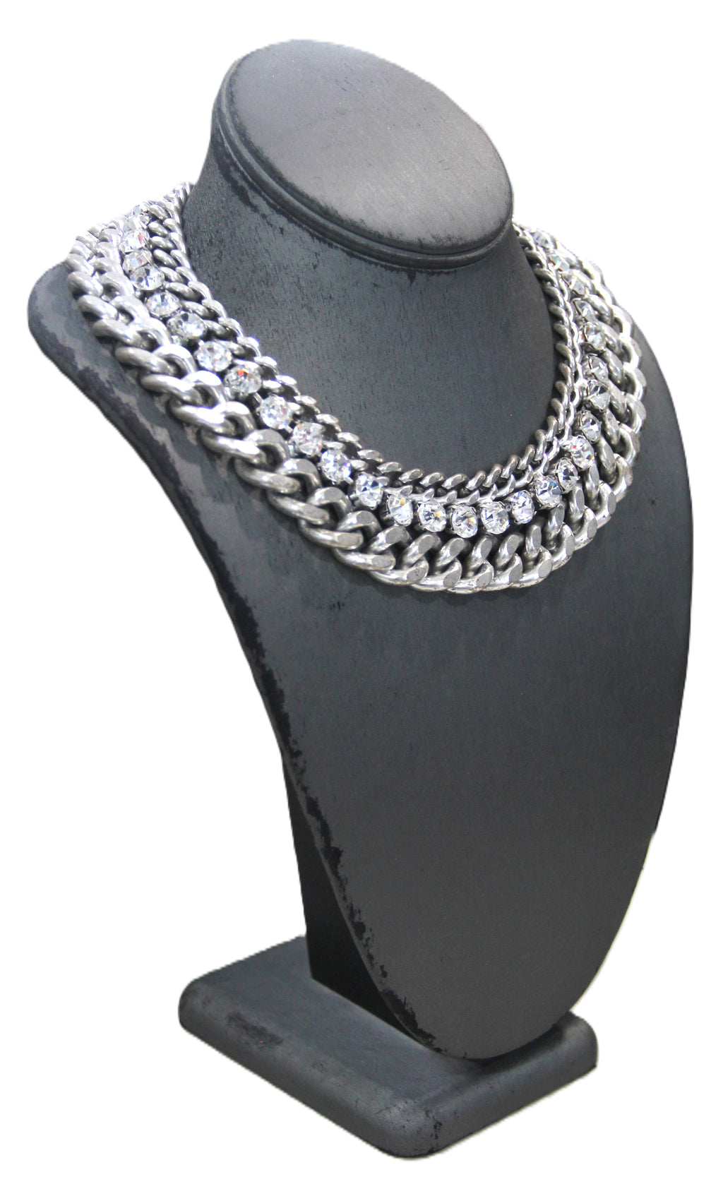 GRAZIANO DEAD STOCK HEAVY CURBED CHAIN & RHINESTONE STATEMENT NECKLACE - SILVER