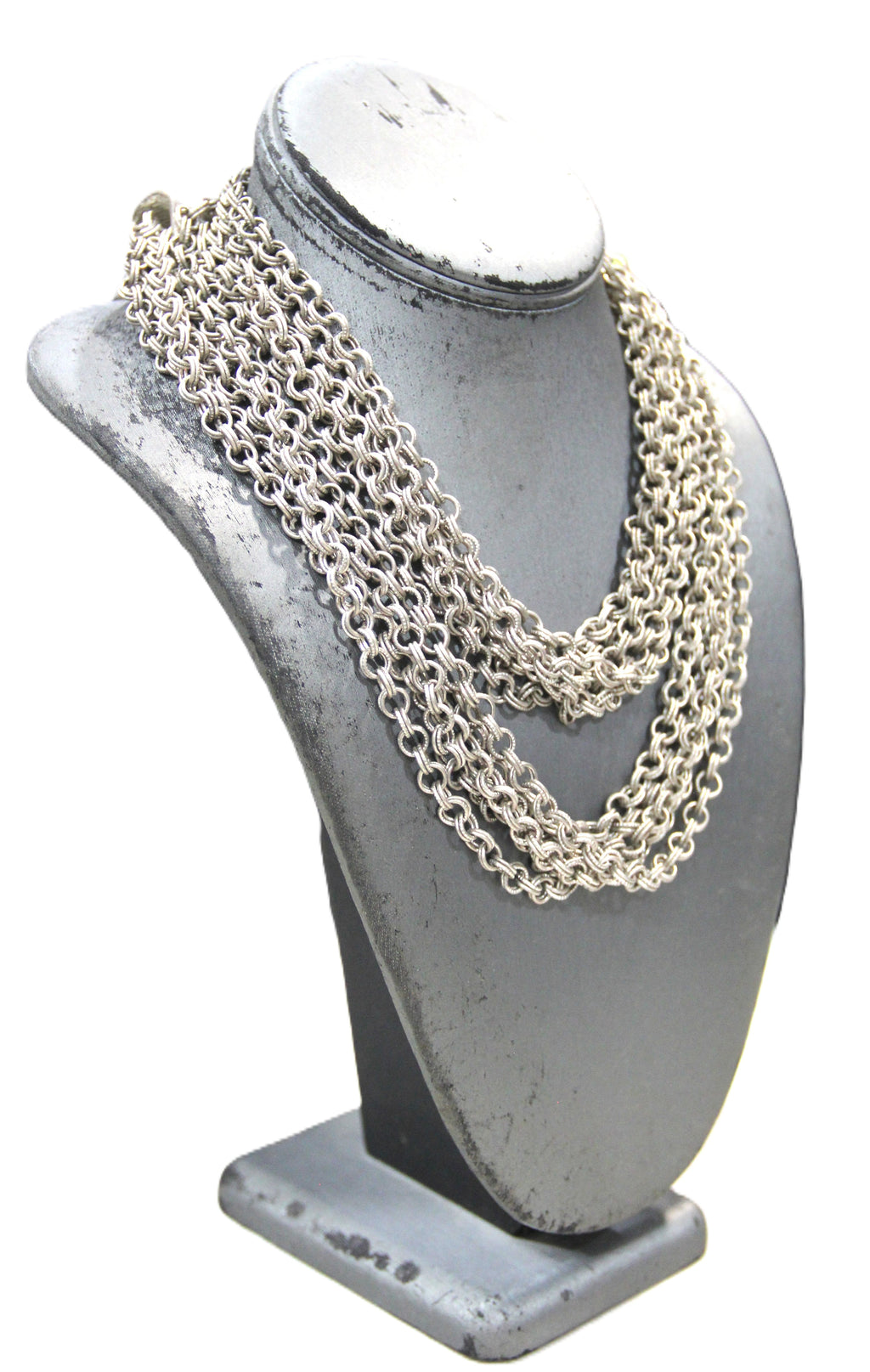 GRAZIANO DEAD STOCK MATTE SILVER MULTI CHAIN NECKLACE - LONG 