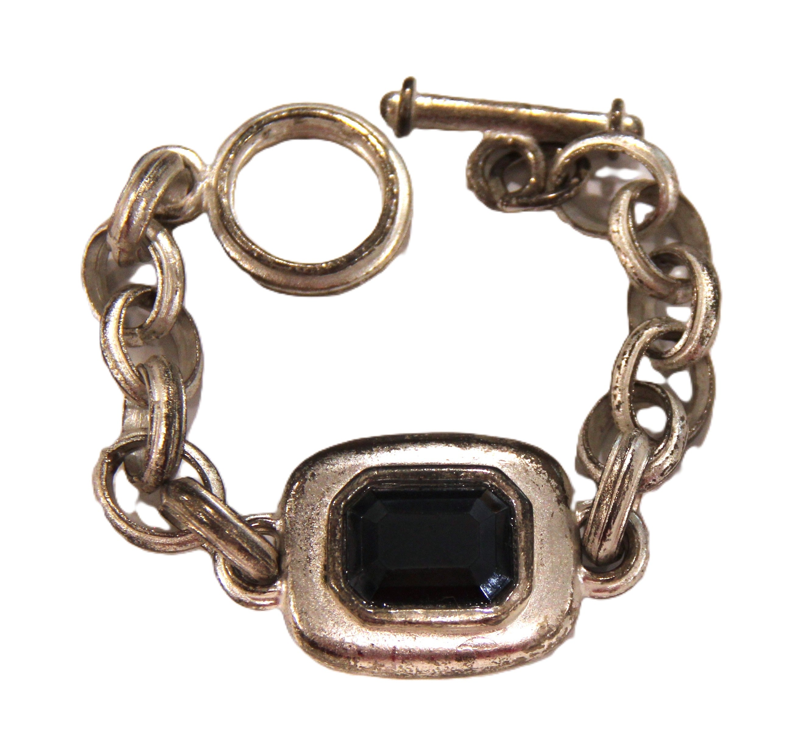 GRAZIANO DISTRESSED MATTE SILVER & GLASS STONE TOGGLE BRACELET
