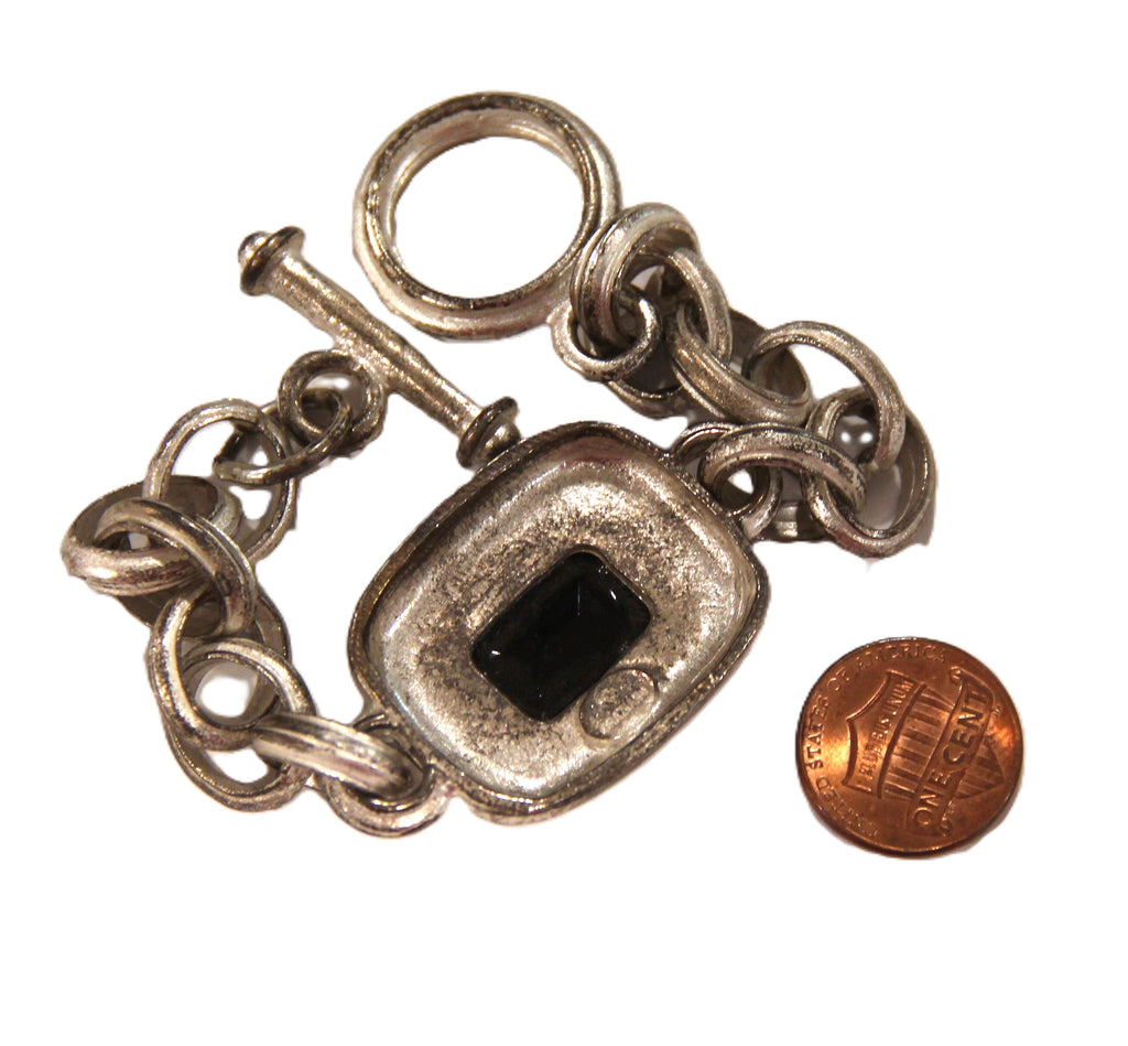 GRAZIANO DISTRESSED MATTE SILVER & GLASS STONE TOGGLE BRACELET
