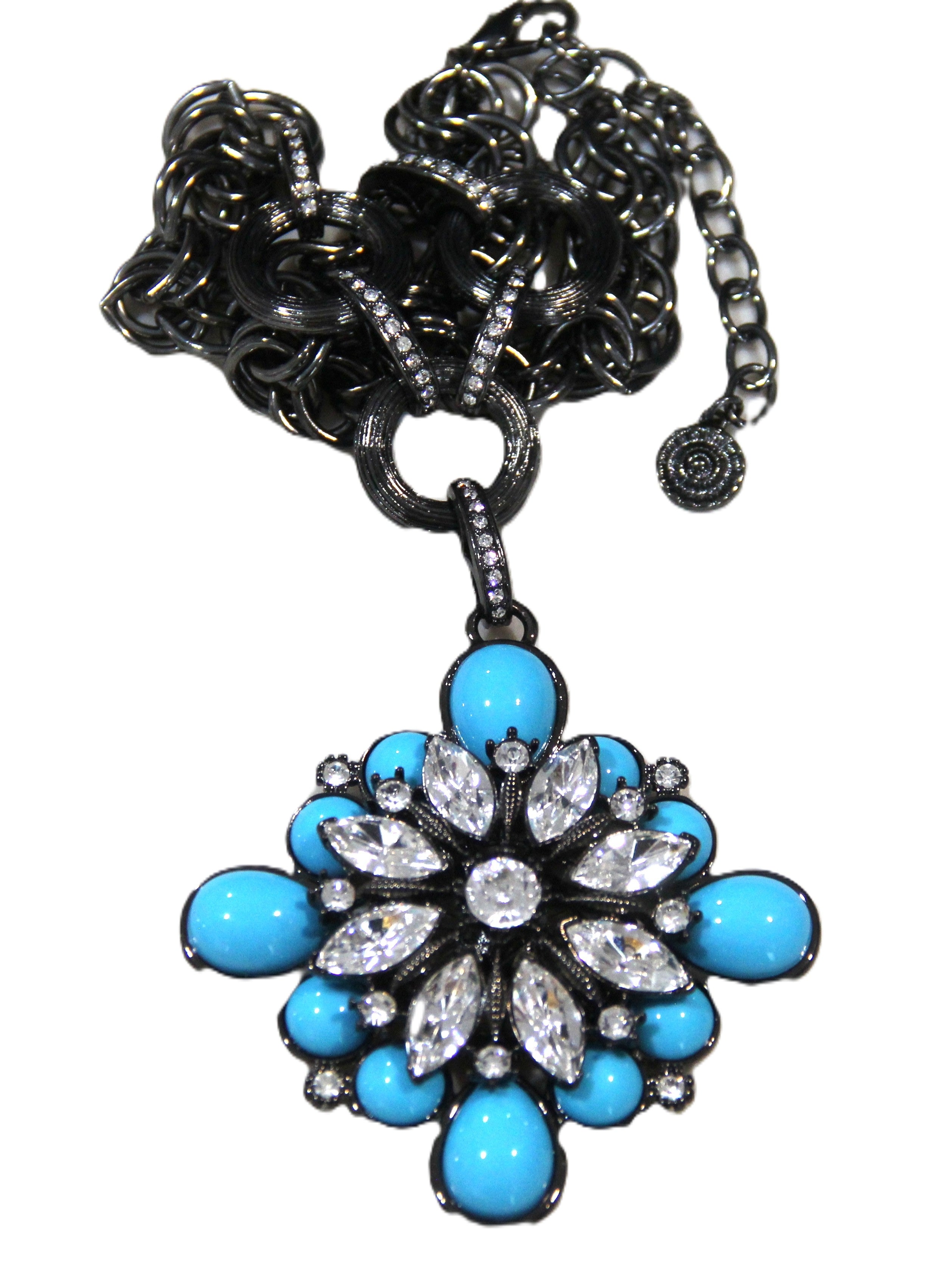 GRAZIANO DEAD STOCK TURQUOISE CABOCHON & RHINESTONE MALTESE CROSS NECKLACE