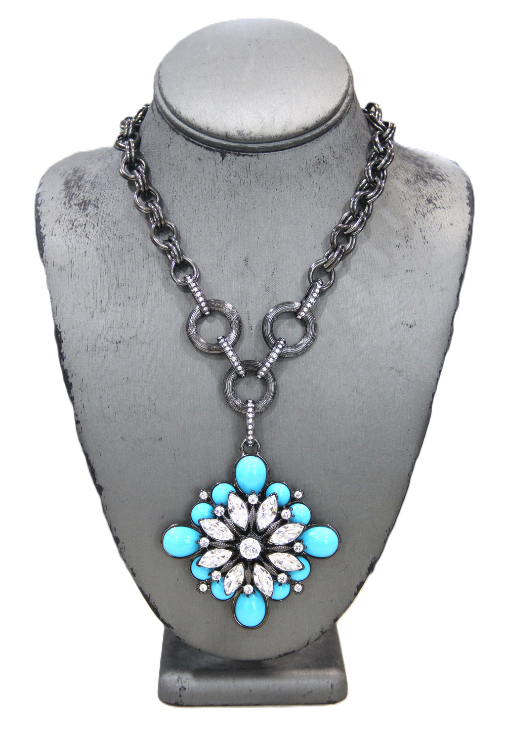 GRAZIANO DEAD STOCK TURQUOISE CABOCHON & RHINESTONE MALTESE CROSS NECKLACE