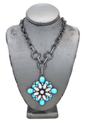 GRAZIANO DEAD STOCK TURQUOISE CABOCHON & RHINESTONE MALTESE CROSS NECKLACE
