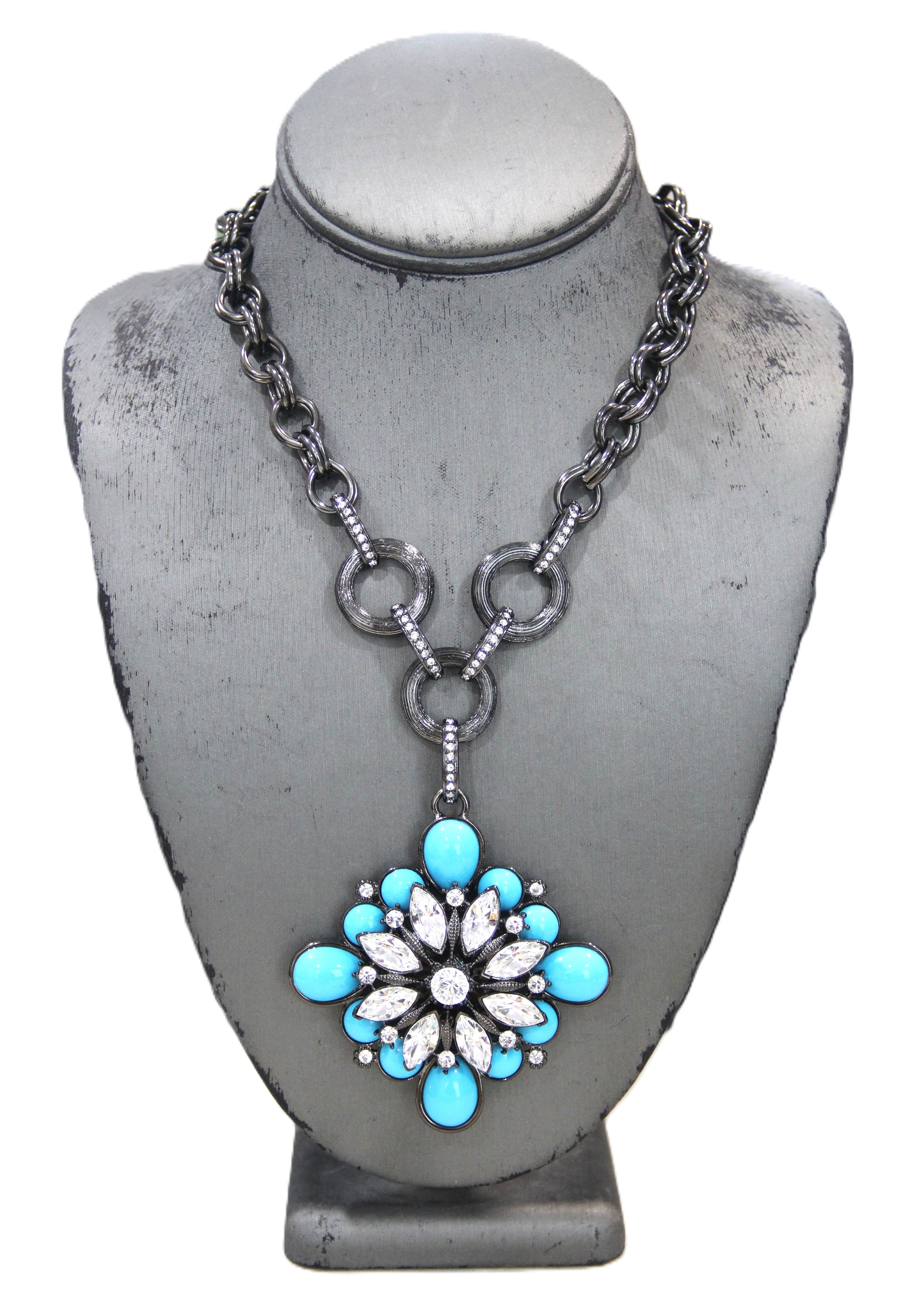 GRAZIANO DEAD STOCK TURQUOISE CABOCHON & RHINESTONE MALTESE CROSS NECKLACE