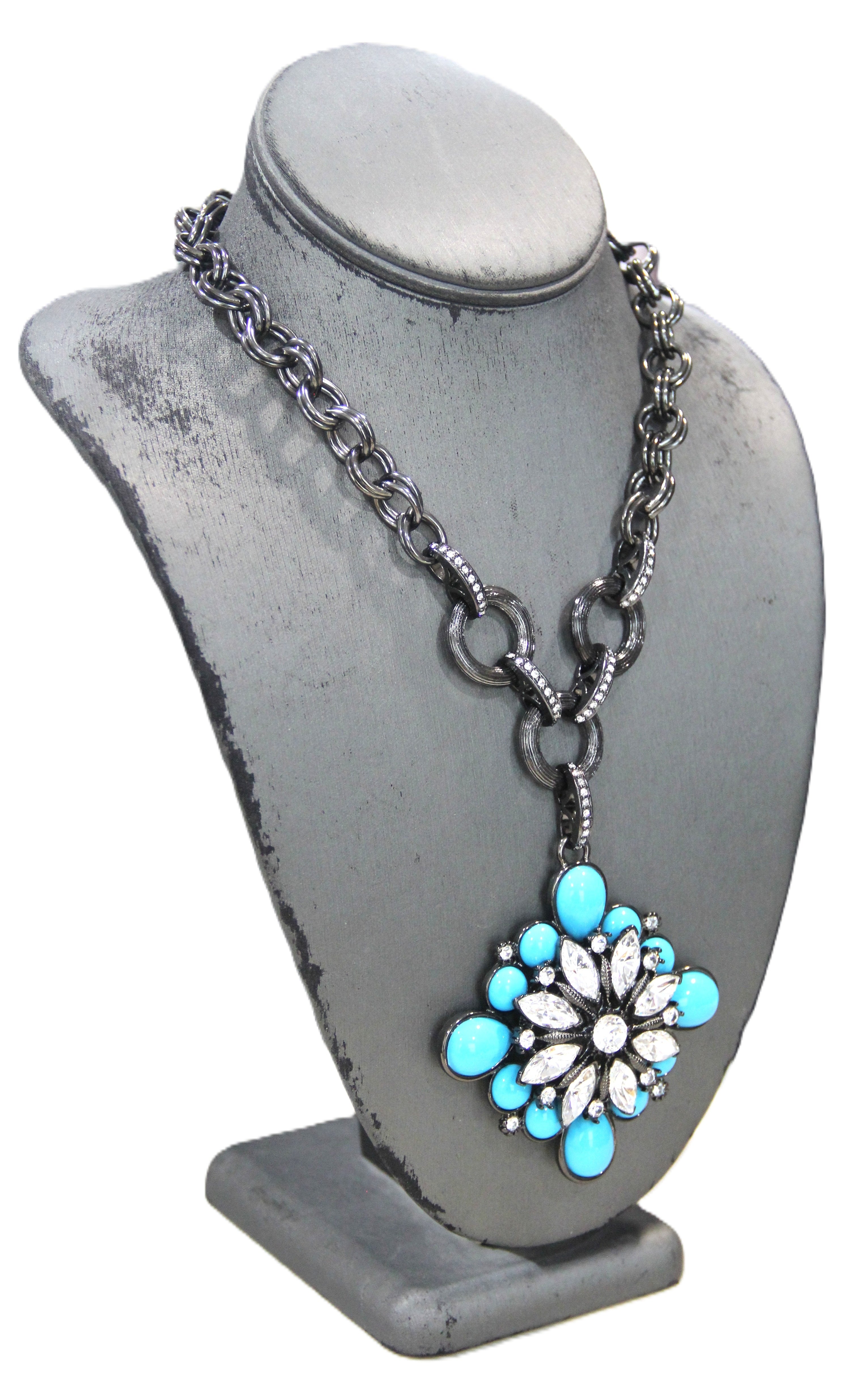 GRAZIANO DEAD STOCK TURQUOISE CABOCHON & RHINESTONE MALTESE CROSS NECKLACE