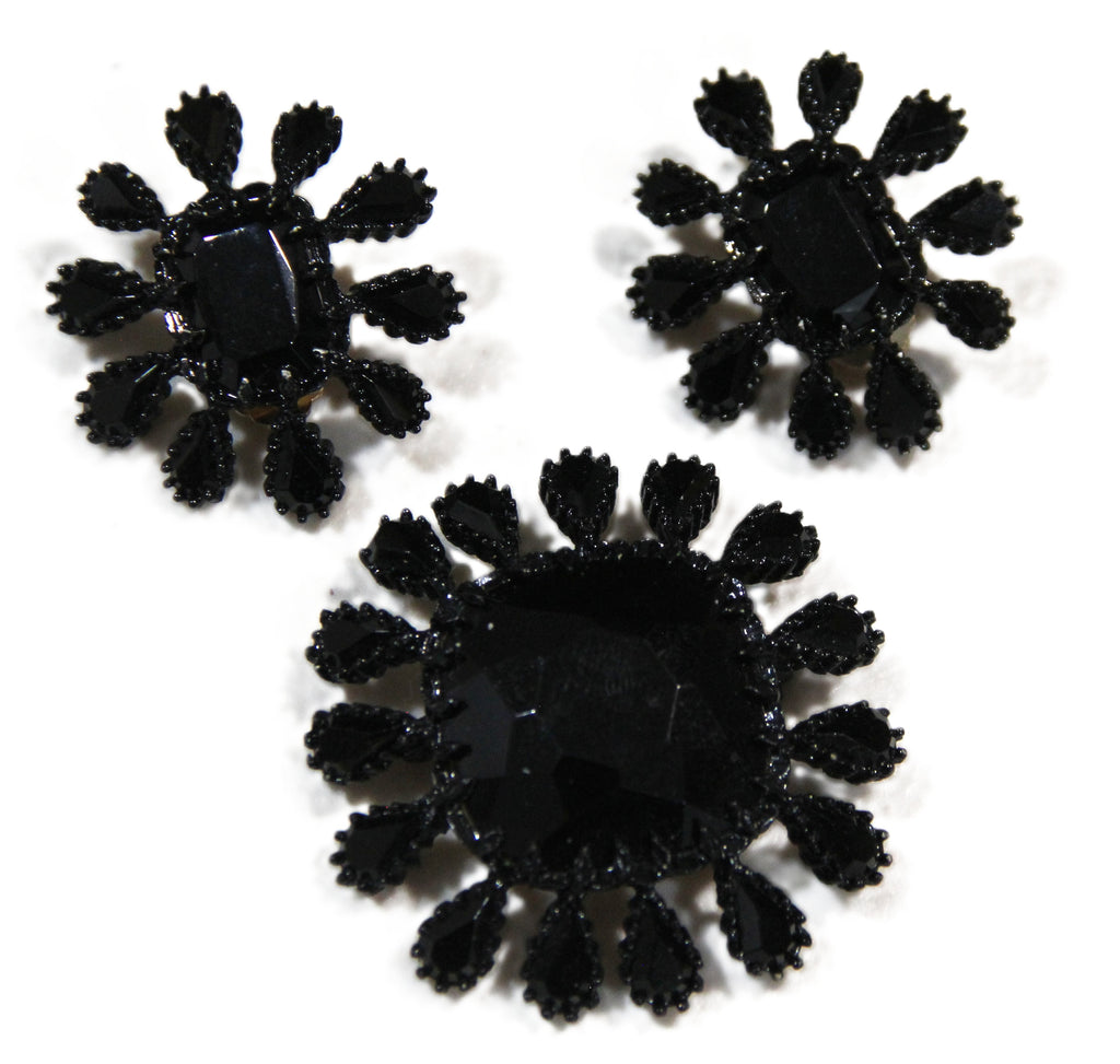 JAY STRONGWATER BLACK GLASS STATEMENT BROOCH & EARRING SET