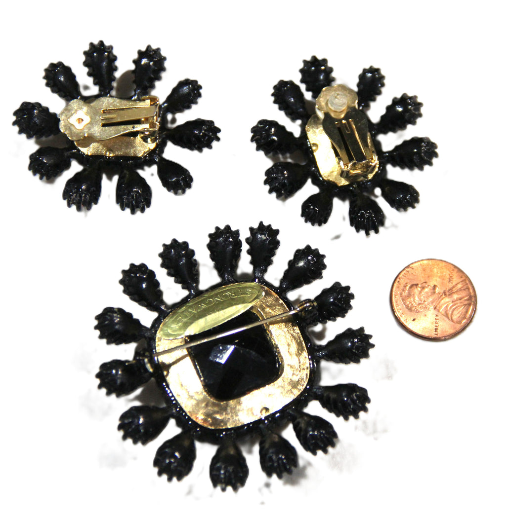 JAY STRONGWATER BLACK GLASS STATEMENT BROOCH & EARRING SET