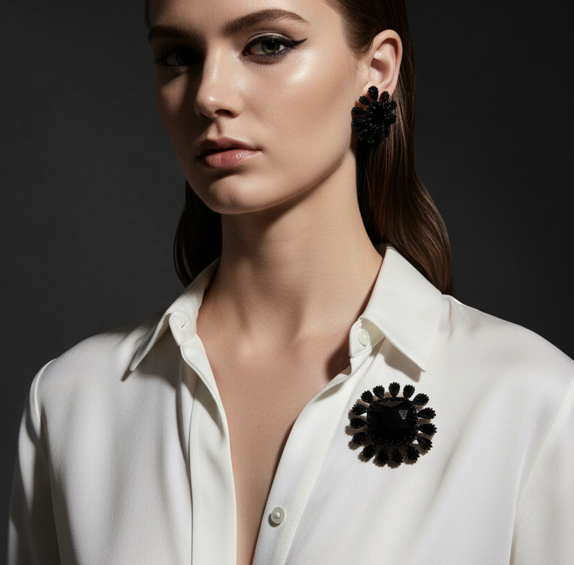 JAY STRONGWATER BLACK GLASS STATEMENT BROOCH & EARRING SET