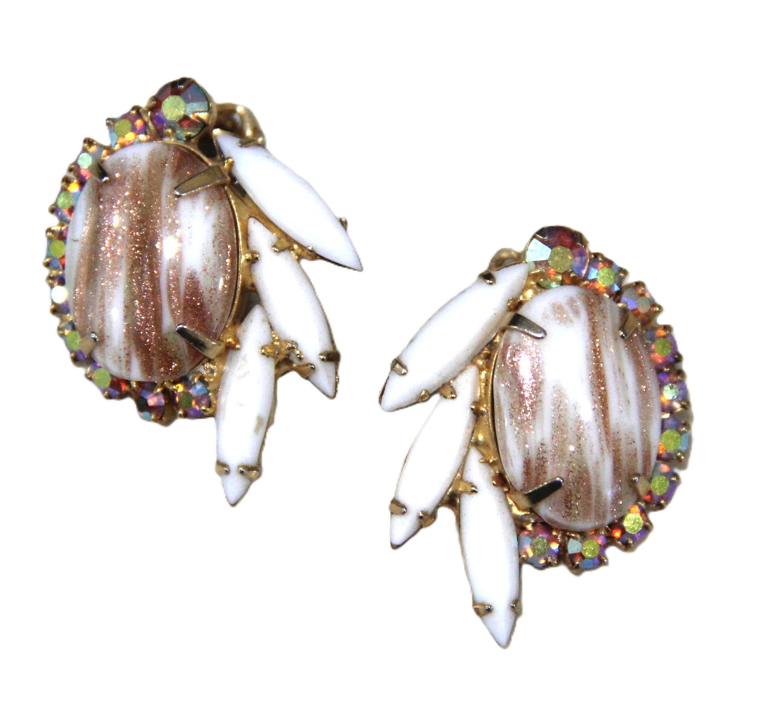 JULIANA DELIZZA & ELSTER VINTAGE MILK GLASS AND AB CRYSTAL EARRINGS