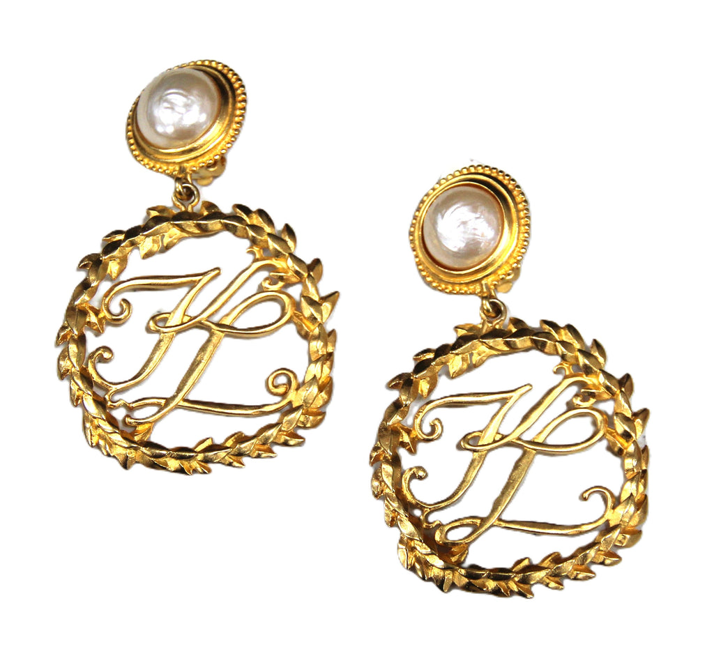 KARL LAGERFELD VINTAGE MATTE GOLD FX PEARL LOGO HOOP EARRINGS