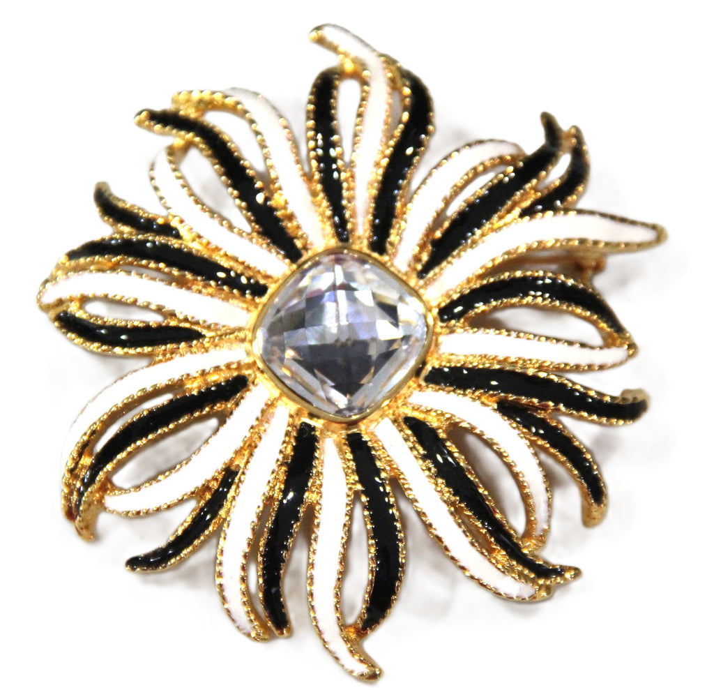 Kenneth Jay Lane KJL black & white enamel flower statement brooch