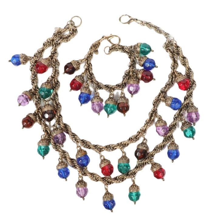 LES BERNARD GLASS CHARM DANGLE STATEMENT NECKLACE & BRACELET SET