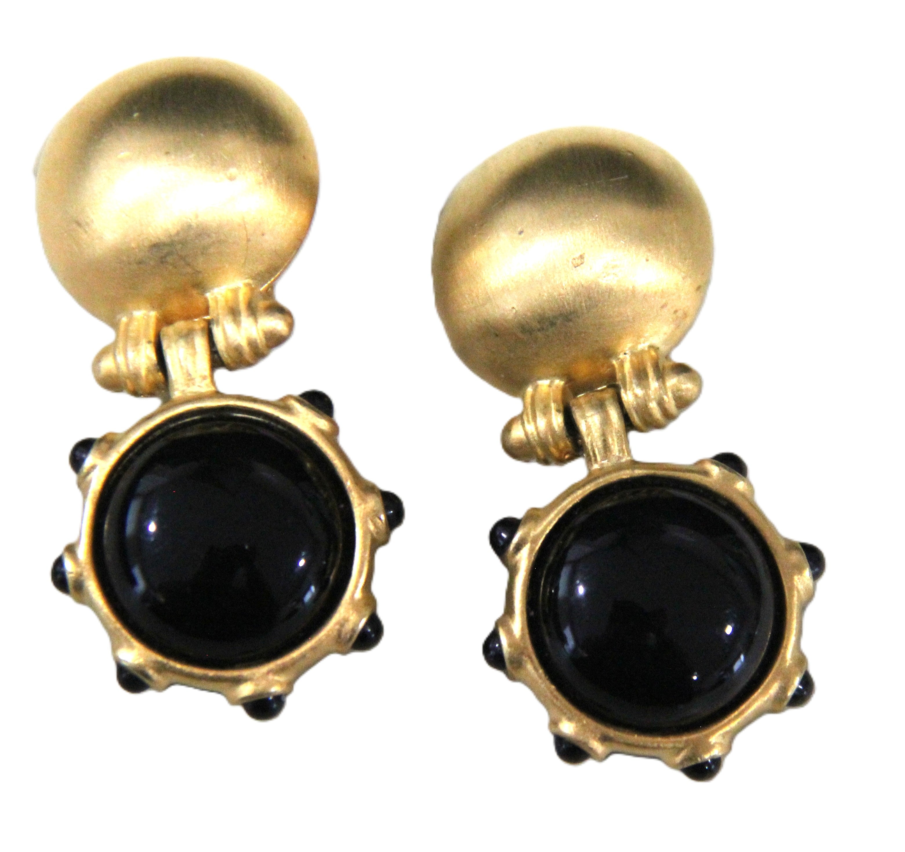 Vintage matte gold black cabochon door knocker earrings