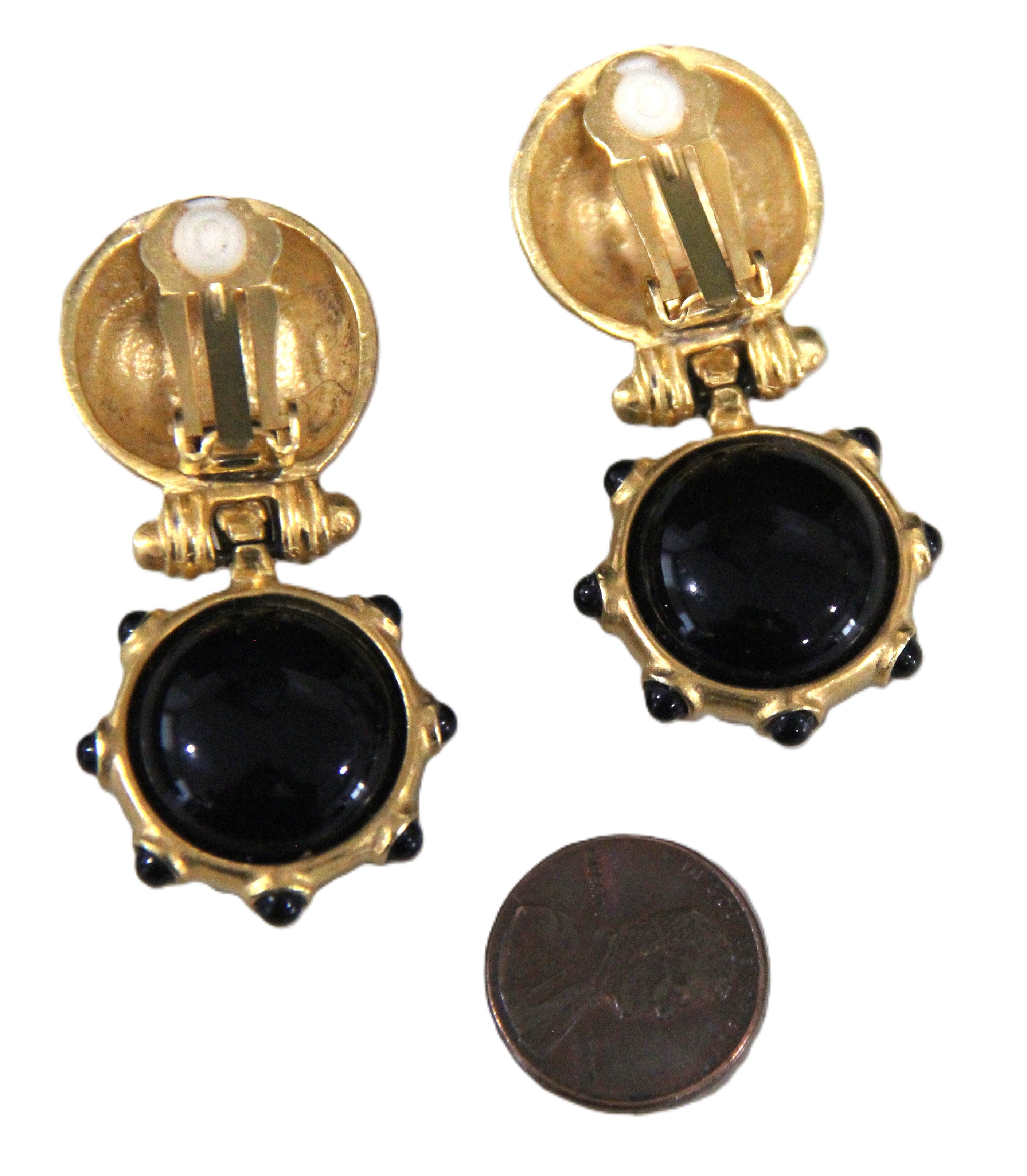 Vintage matte gold black cabochon door knocker earrings