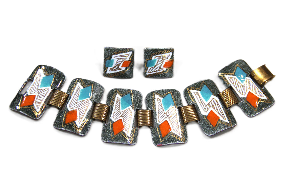 MCM Mid century Modern enamel bracelet & earrings set