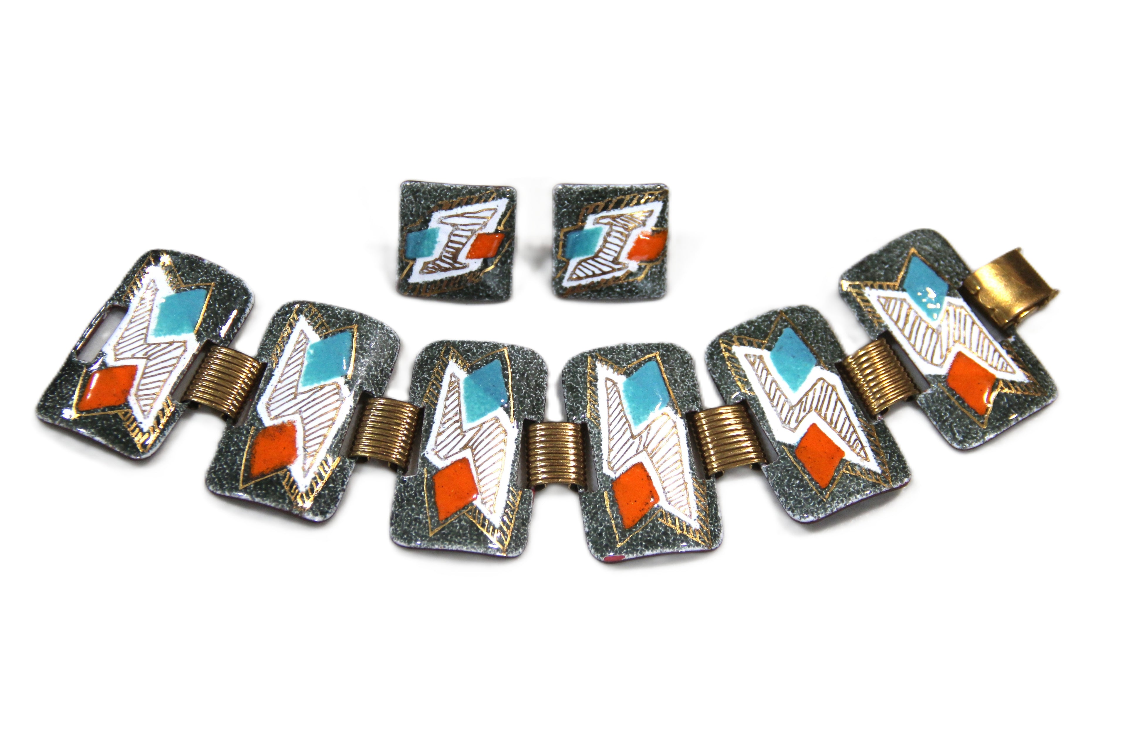 MCM Mid century Modern enamel bracelet & earrings set