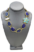 MOdern lapis, turquoise and pearl statement necklace with flower