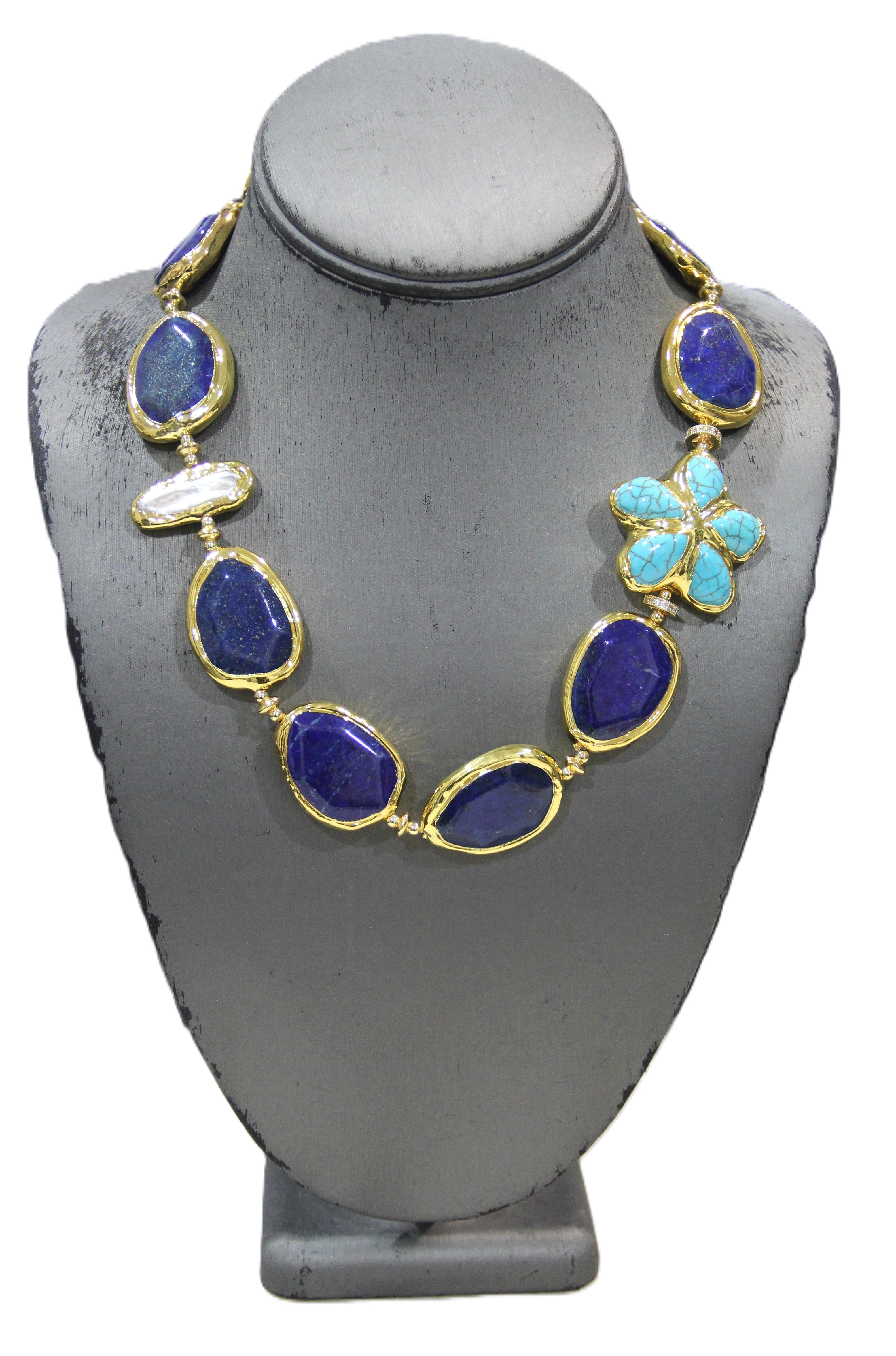 MOdern lapis, turquoise and pearl statement necklace with flower