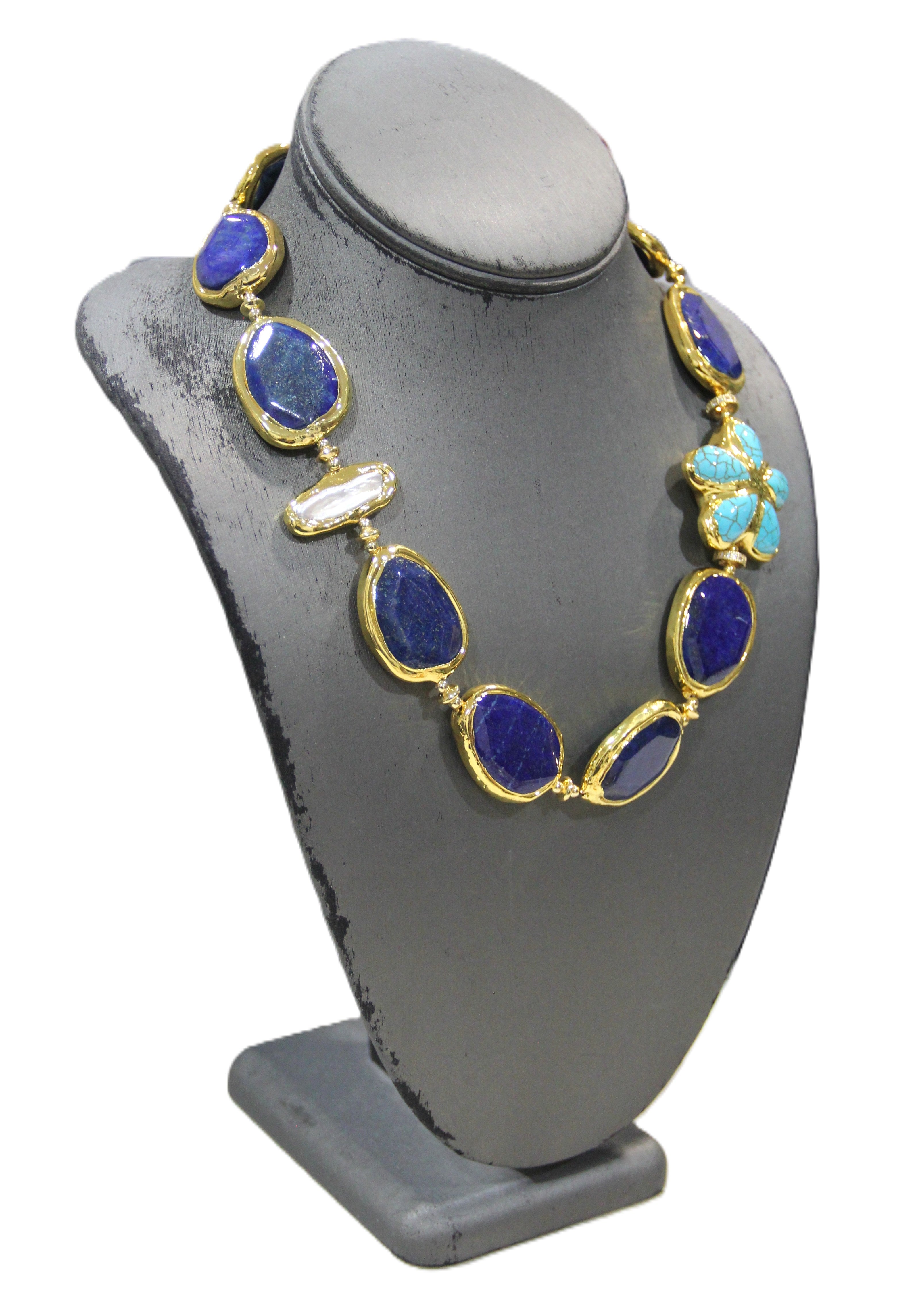 MOdern lapis, turquoise and pearl statement necklace with flower