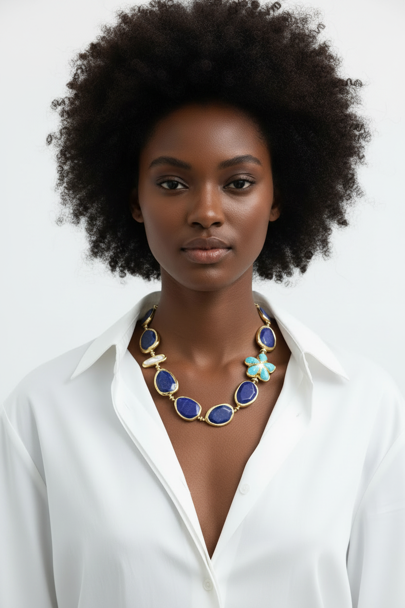MOdern lapis, turquoise and pearl statement necklace with flower