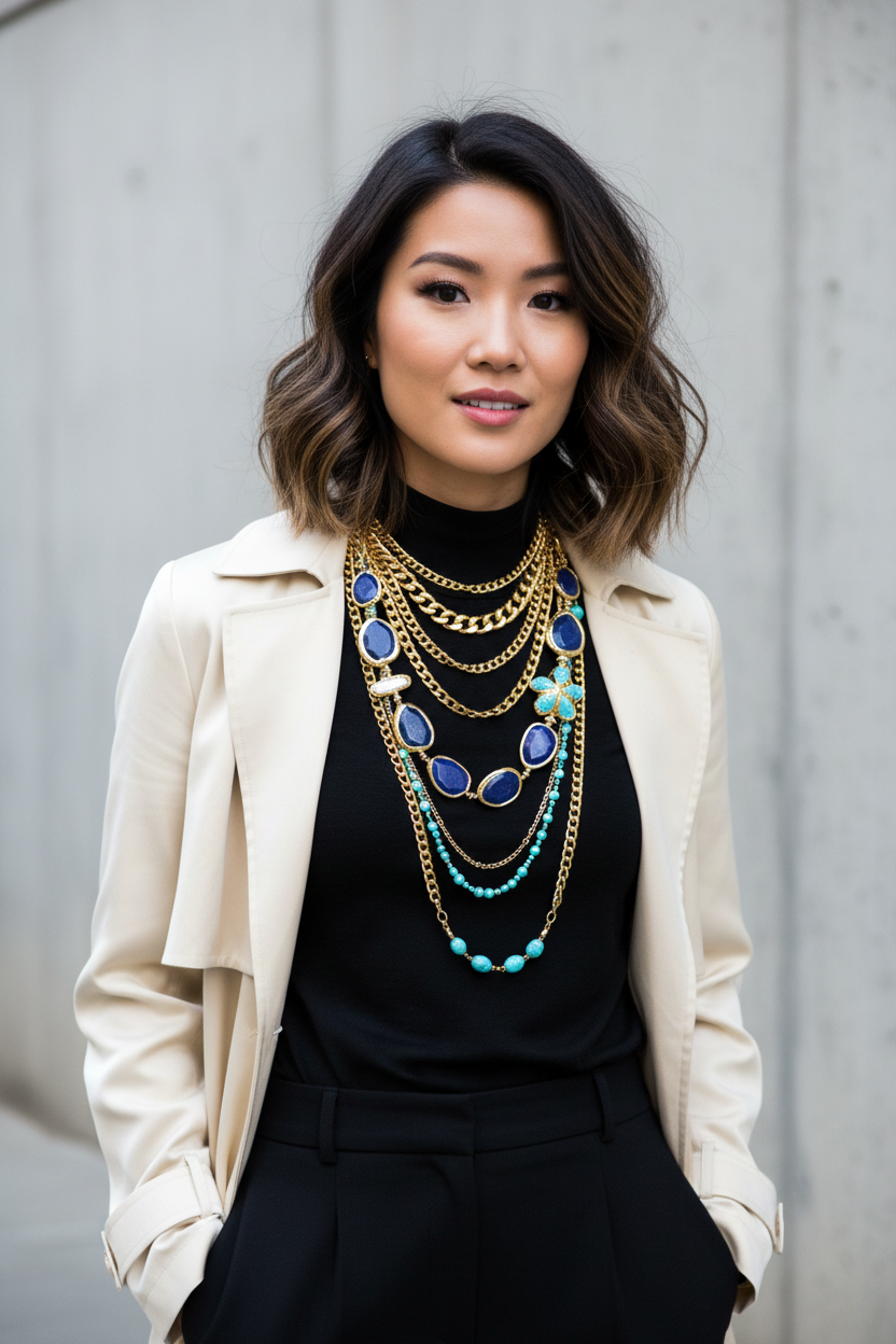 MOdern lapis, turquoise and pearl statement necklace with flower