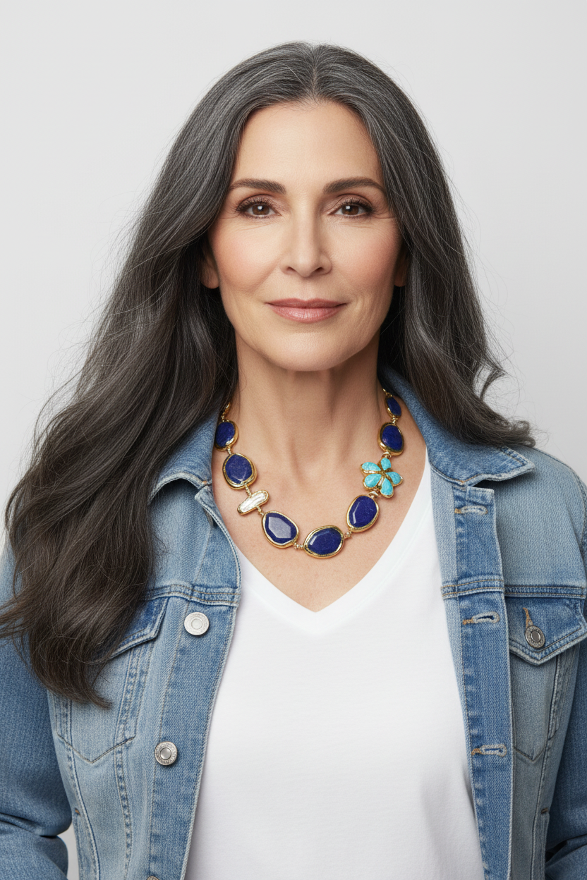 MOdern lapis, turquoise and pearl statement necklace with flower