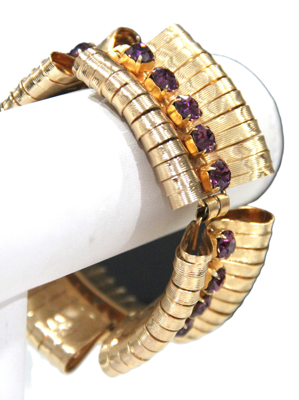 NAPIER 1950'S VINTAGE PURPLE RHINESTONE GOLD RIBBON BRACELET