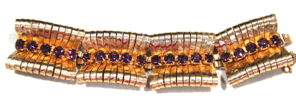NAPIER 1950'S VINTAGE PURPLE RHINESTONE GOLD RIBBON BRACELET