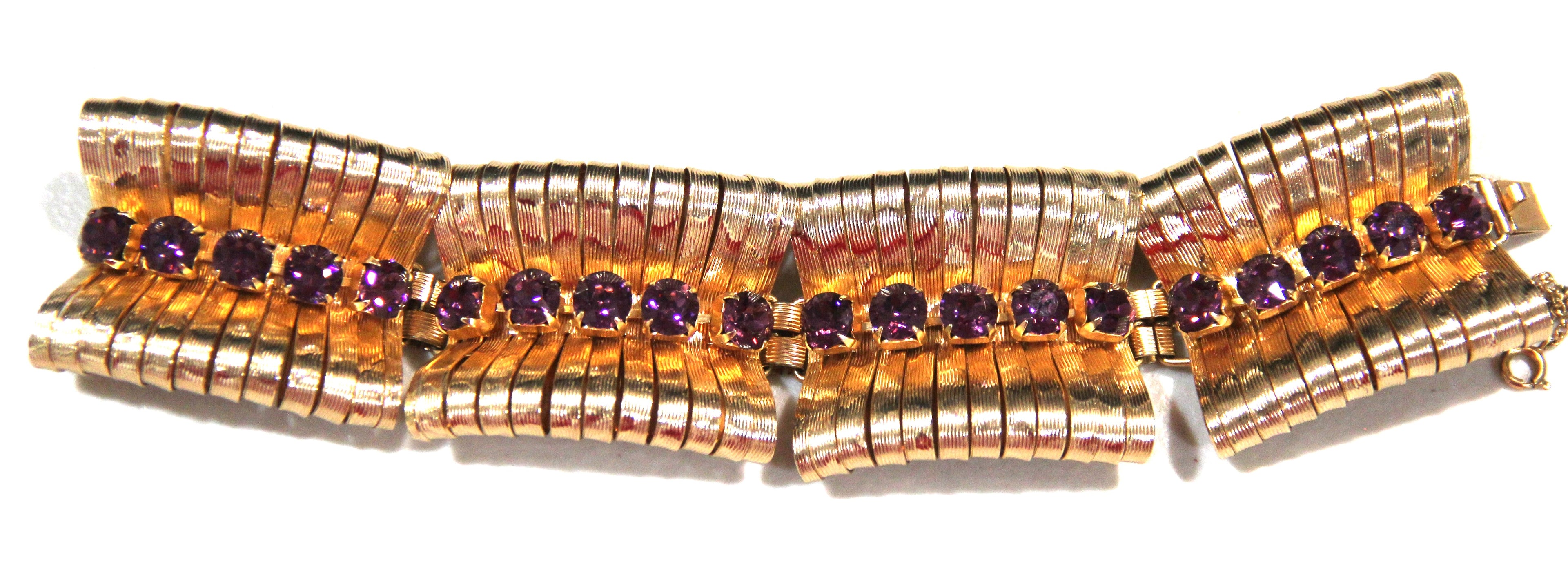 NAPIER 1950'S VINTAGE PURPLE RHINESTONE GOLD RIBBON BRACELET