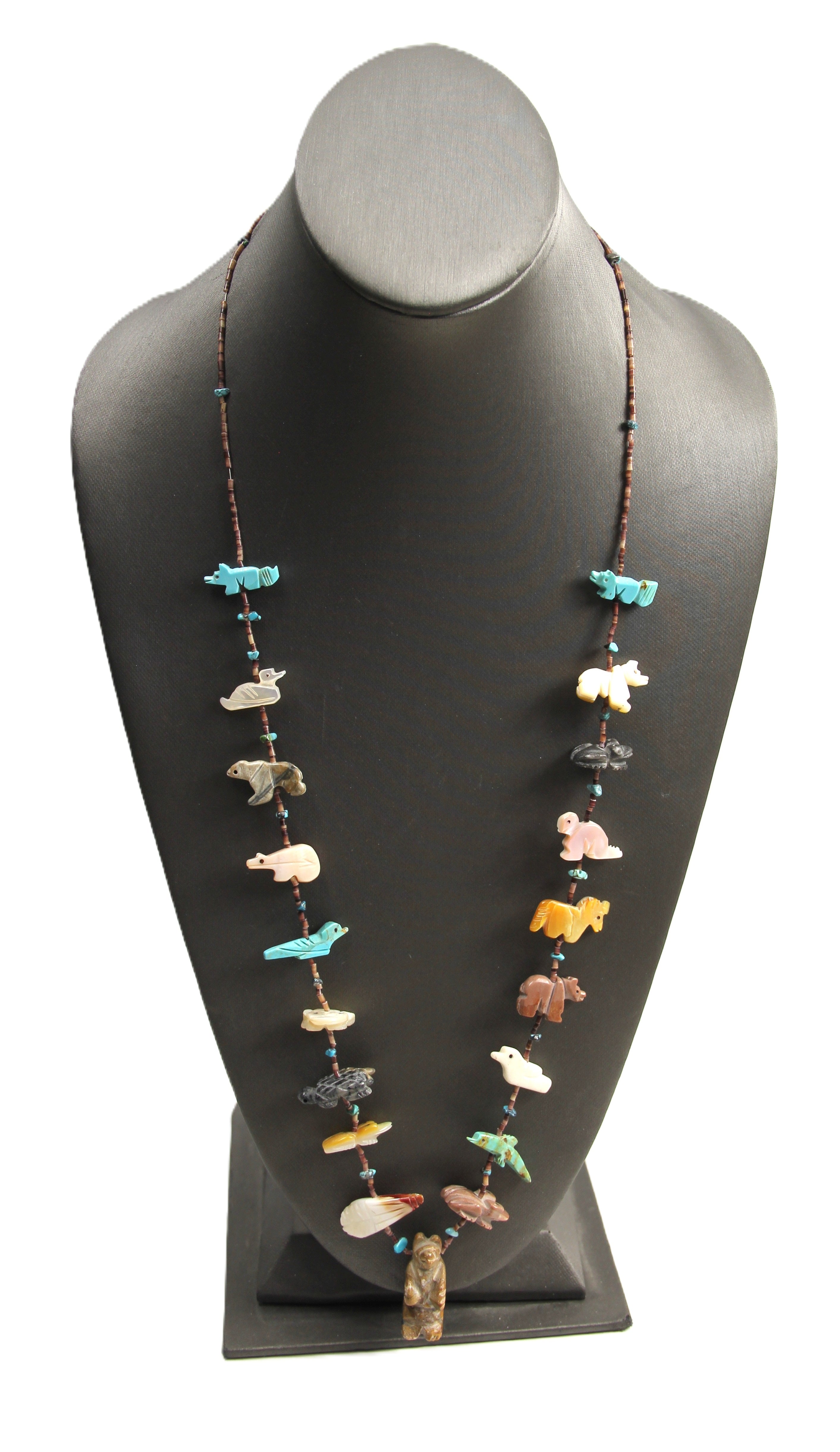 Native American fetish & heishi bead necklace with a bearpendant