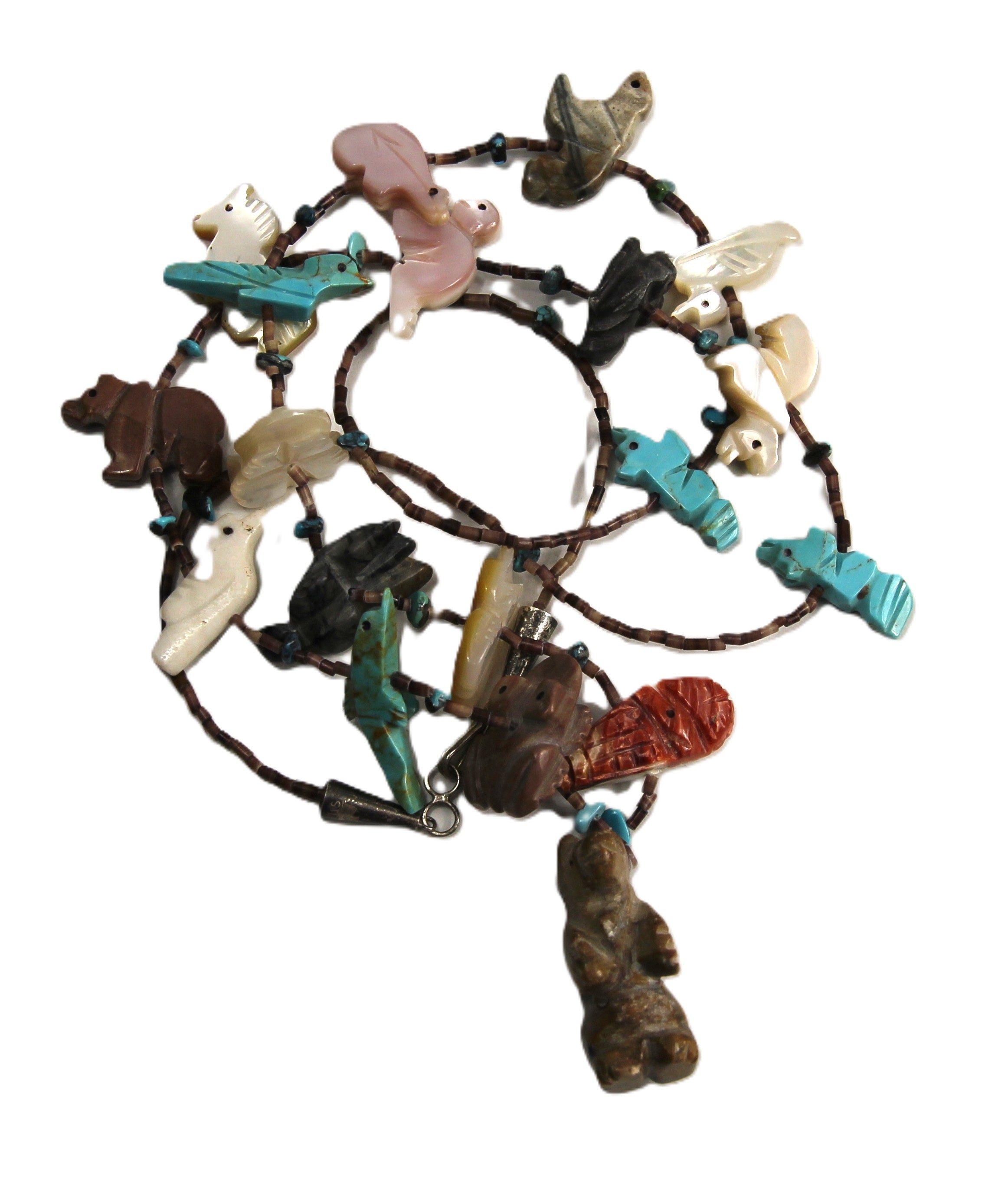 Native American fetish & heishi bead necklace with a bearpendant